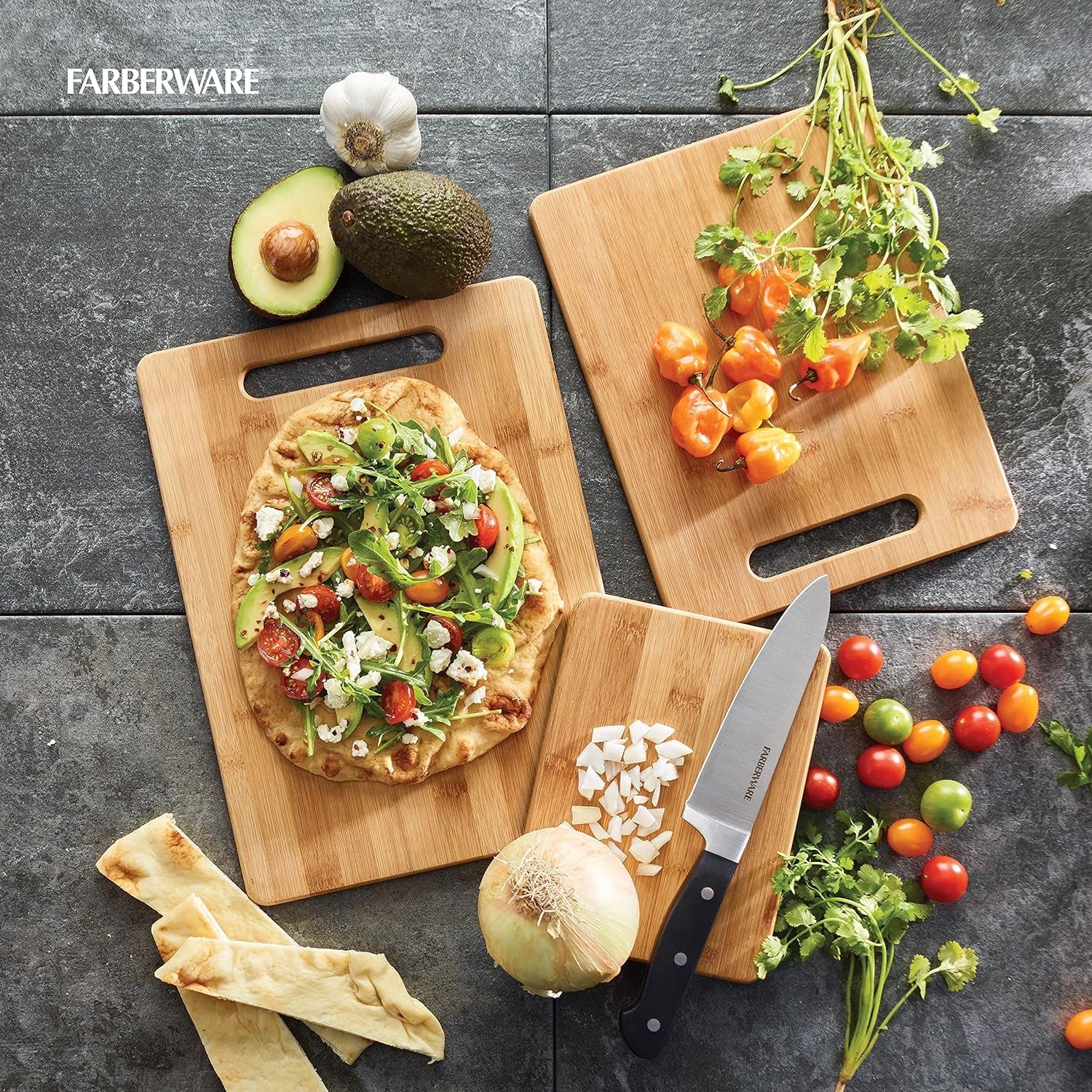 Farberware 3-Piece Wood Cutting Board Set. Reversible Chopping Boards for Meal Prep and Serving. Charcuterie Boards. Wooden Cutting Boards with Built-In Handles. Set of 3 Assorted Sizes. Bamboo - Image 3