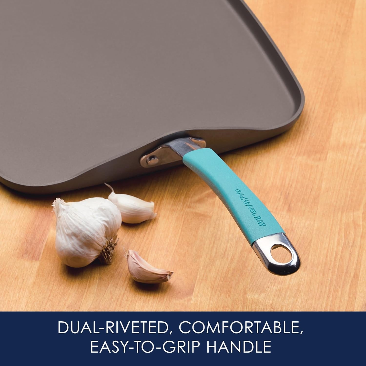 Rachael Ray Cucina Hard Anodized Nonstick Griddle Pan/Flat Grill. 11 Inch. Gray with Agave Blue Handle - Image 5