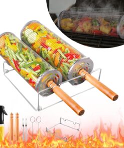 Rolling Grill Basket for Outdoor Grill 2 PCS. BBQ Grilling Gifts for Men Dad Husband. Stainless Steel Grill Mesh Barbeque Grill Accessories. Grilling Net with Wooden Handle & Stands. Outdoor Camping Tools for Chicken. Meat. Fish. Steak. Vegetables. Seafoo