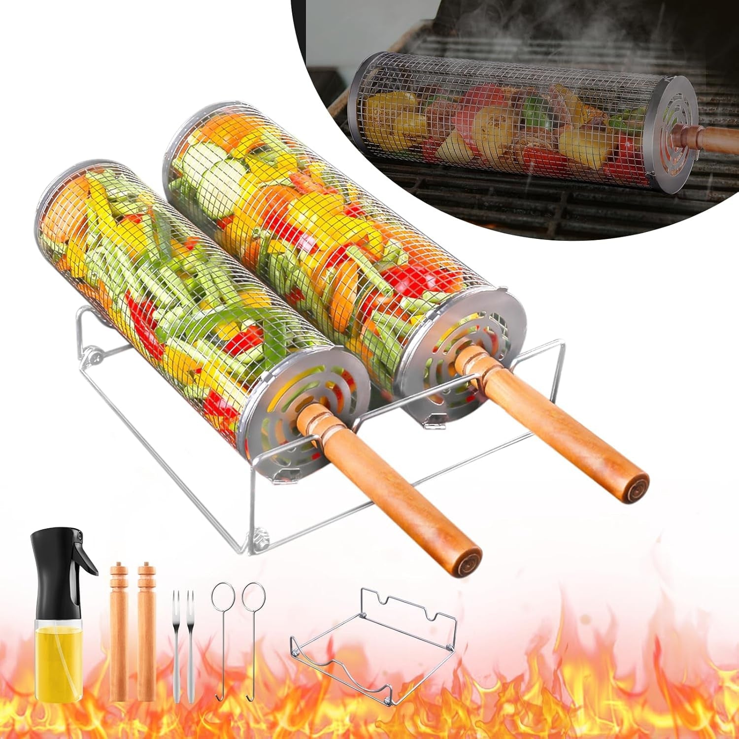 Rolling Grill Basket for Outdoor Grill 2 PCS. BBQ Grilling Gifts for Men Dad Husband. Stainless Steel Grill Mesh Barbeque Grill Accessories. Grilling Net with Wooden Handle & Stands. Outdoor Camping Tools for Chicken. Meat. Fish. Steak. Vegetables. Seafoo