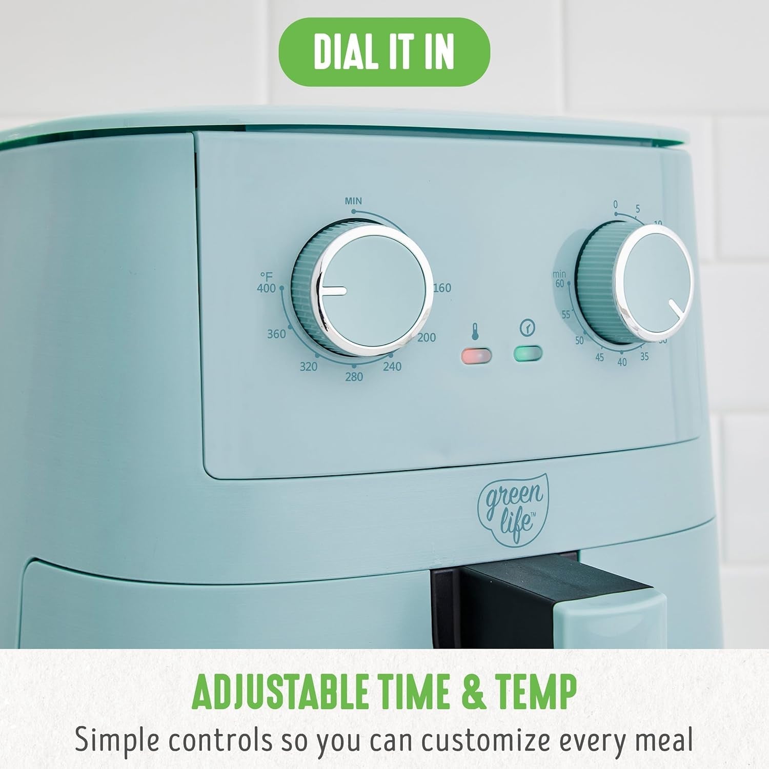 Greenlife 4.5QT Mechanical Air Fryer. Pfas-Free Ceramic Nonstick Crisper Drawer. Adjustable Temperature Timer Dial. LED Indicator. Holiday Gifting. Dishwasher Safe. Kitchen Essential. Blue Haze - Image 5