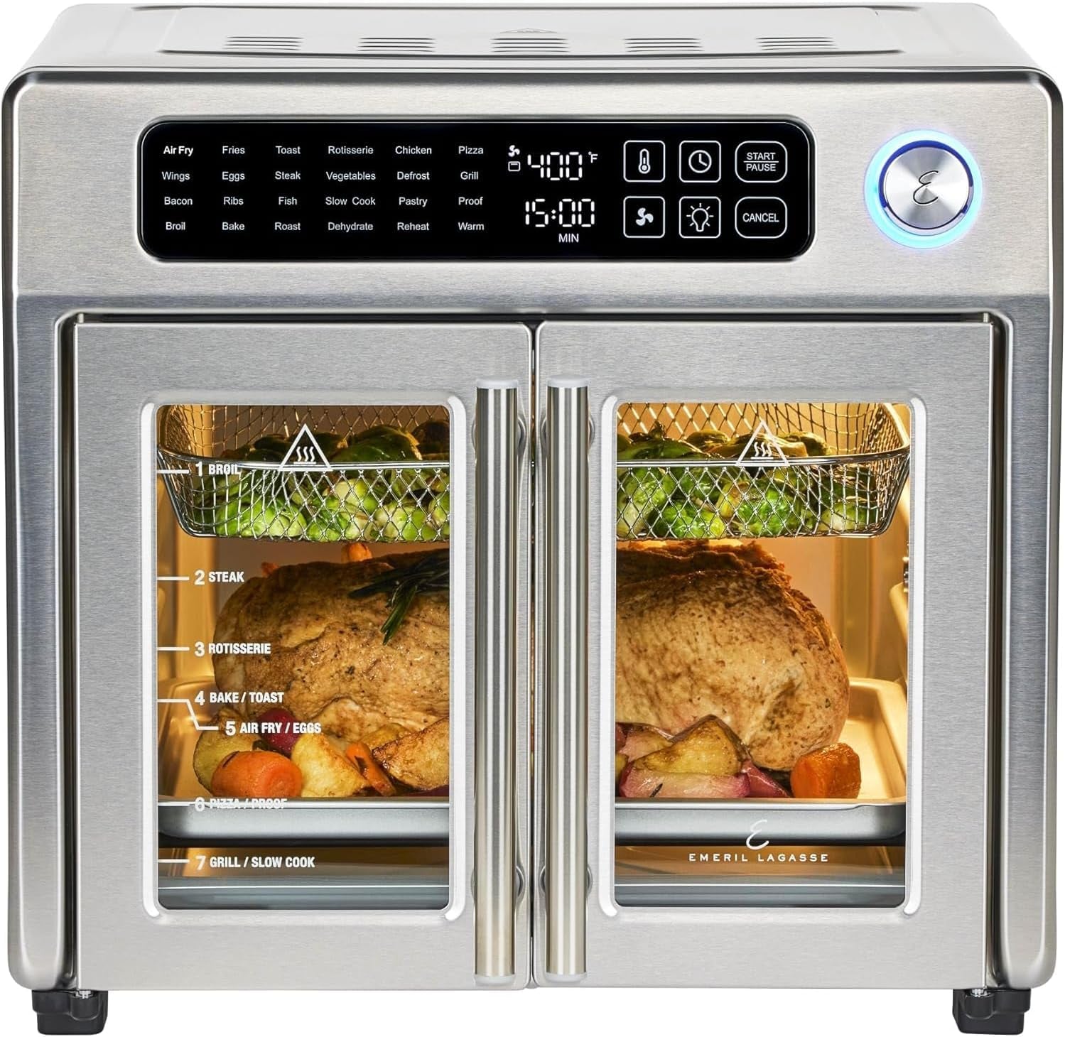 Emeril Lagasse Extra Large French Door Air Fryer Toaster Oven Combo. 24 Cooking Functions and Digital Controls. 7 Accessories Included. Stainless Steel Finish. 26QT Capacity
