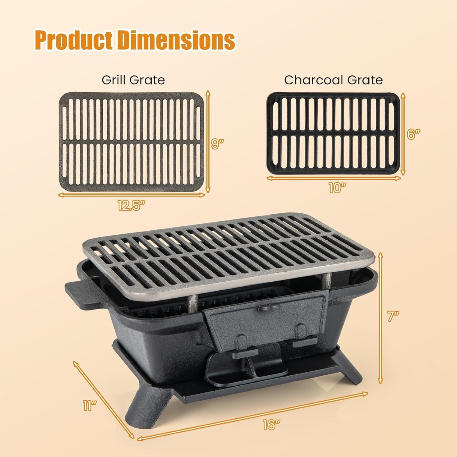 Giantex Portable Hibachi Grill. Double-Sided Cast Iron Grill with Air Regulating Door & Fire Gate. Grate Lifter. Ideal for Outdoor Picnic. Camping & Backyard Barbecue Cooking - Image 5