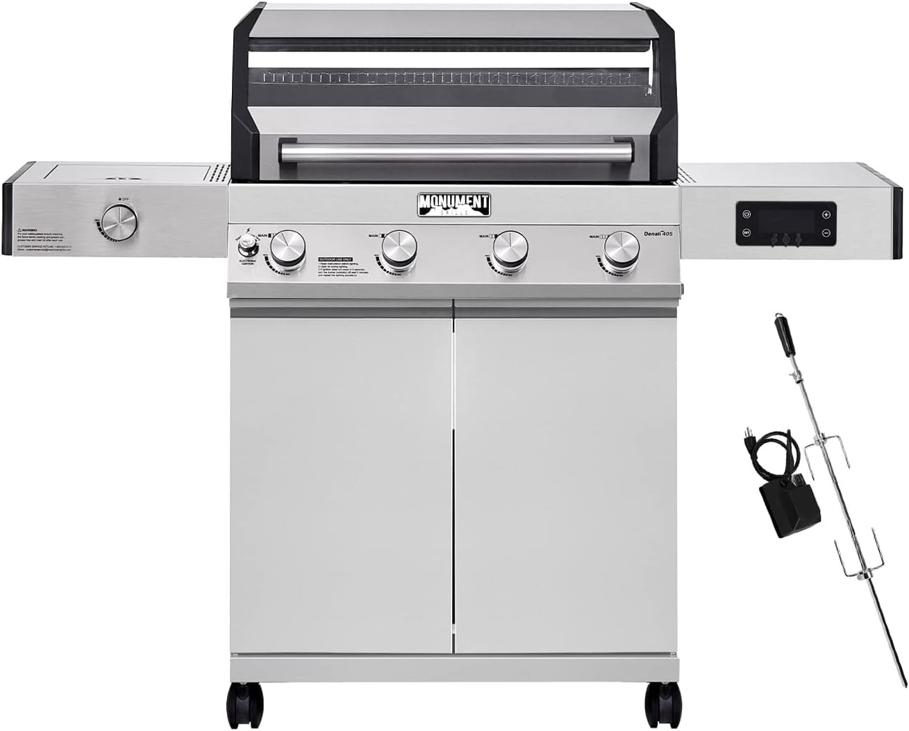 Monument Grills Denali D405 4-Burner Liquid Propane Gas Smart Bbq Grill Stainless Steel with Rotisserie Kit(2 Items)