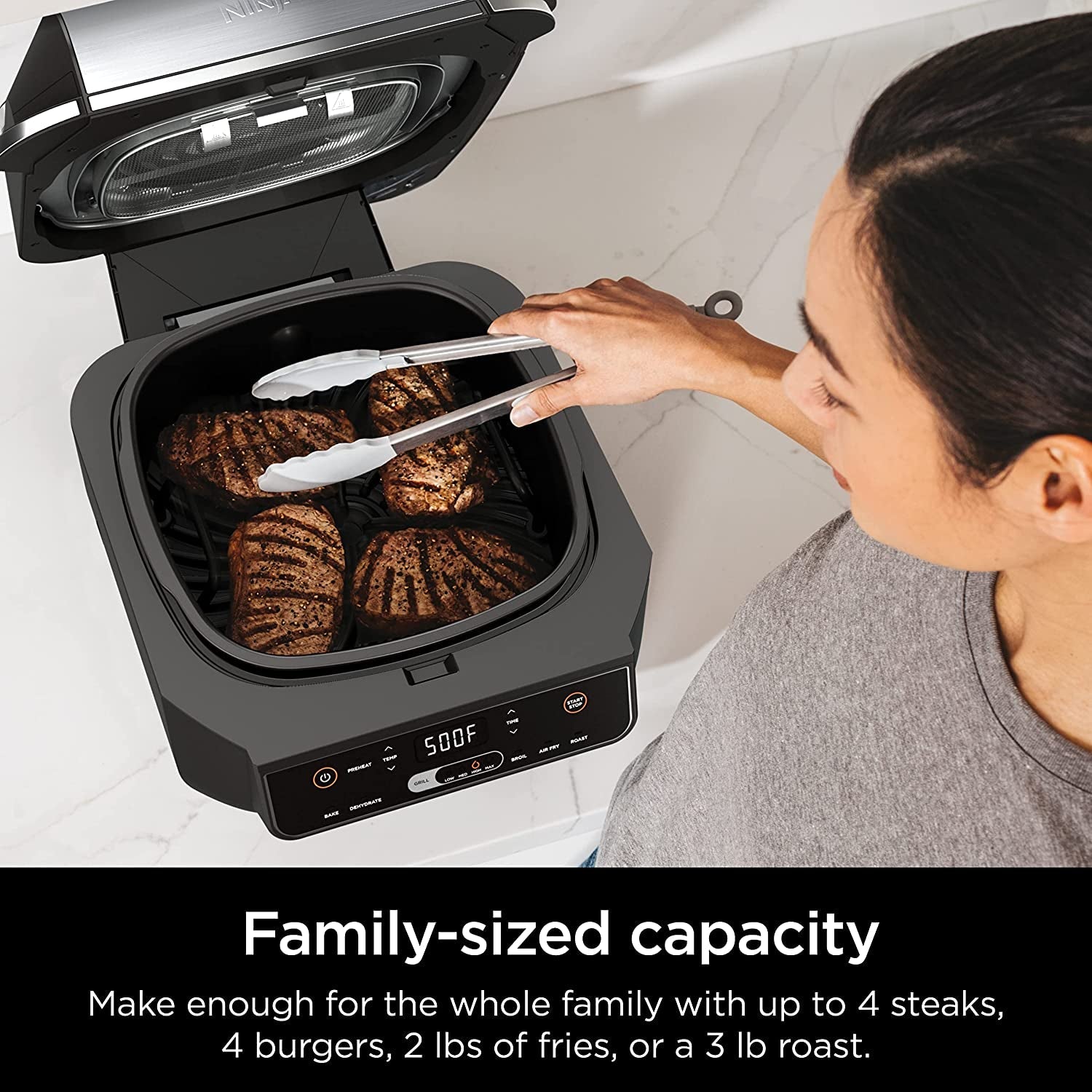 EG201 Foodi 6-In-1 Indoor Grill with Air Fry. Roast. Bake. Broil. & Dehydrate. 2Nd Generation. Dishwasher Safe. Black/Silver - Image 3