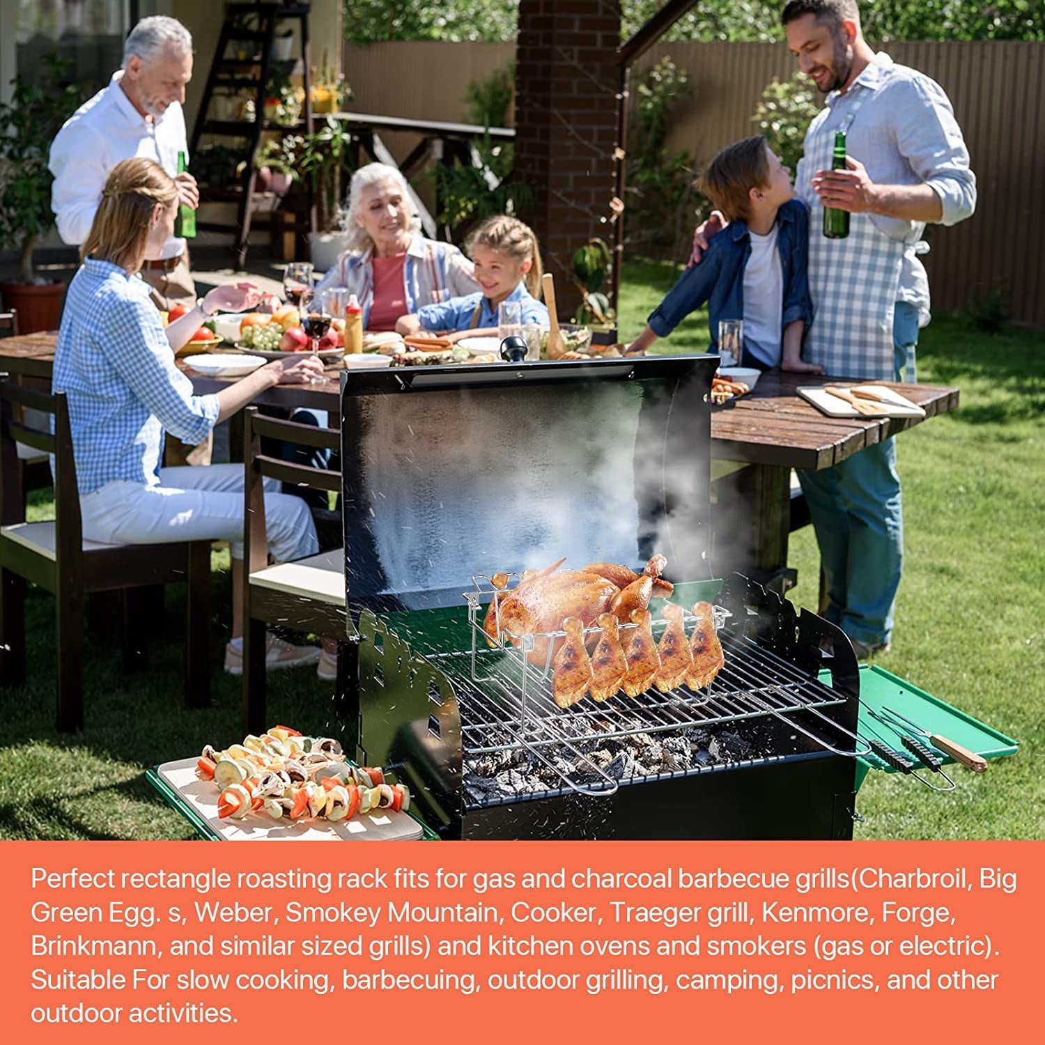 3 in 1 Extra Large Rectangle Rib Rack&Chicken Leg Rack with Brush. Stainlesss Steel Roasting Rack with 2 Handle for Smoker. Oven and Grill. Holds up to 5 Ribs. Easy to Use&Clean - Image 5