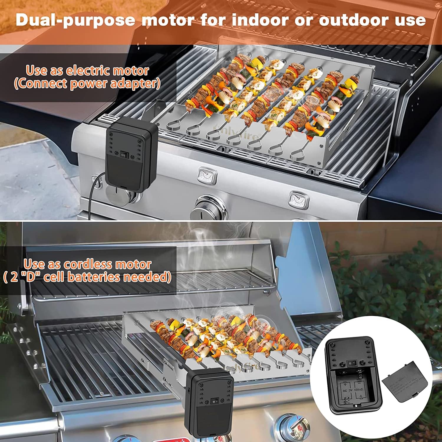 Only Fire Stainless Steel Electric Skewer Turner. Rotated Grilling Rack Shish Kabob Set with 7 Skewers and Dual-Purpose Rotisserie Motor - Image 5