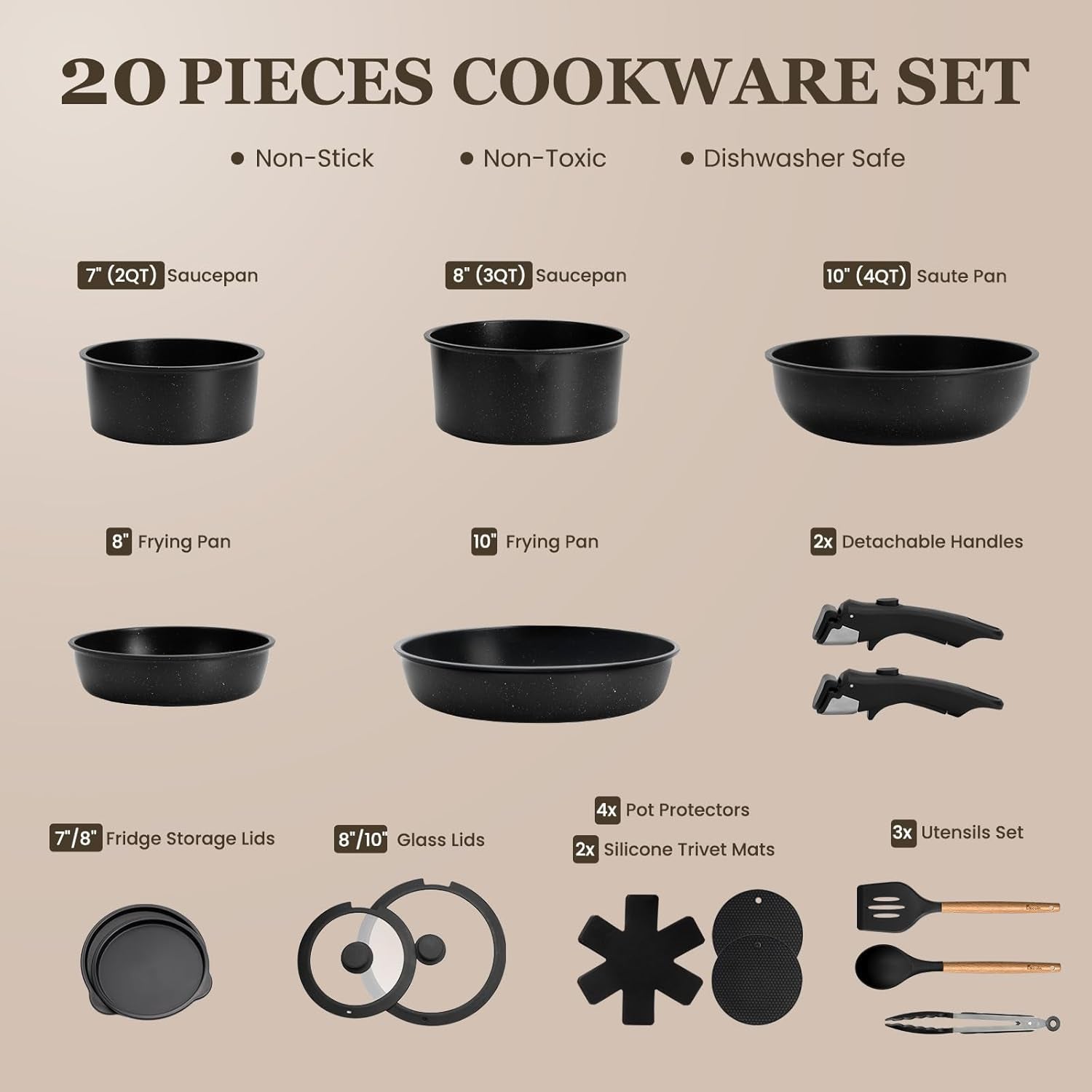 KIKCOIN 20 Pcs Pots and Pans Set Non Stick. Detachable Handle Cookware Sets Nonstick. Non Toxic Induction RV Kitchen Cooking Set with Removable Handles. Dishwasher/Oven Safe. Easy Clean (Black) - Image 2