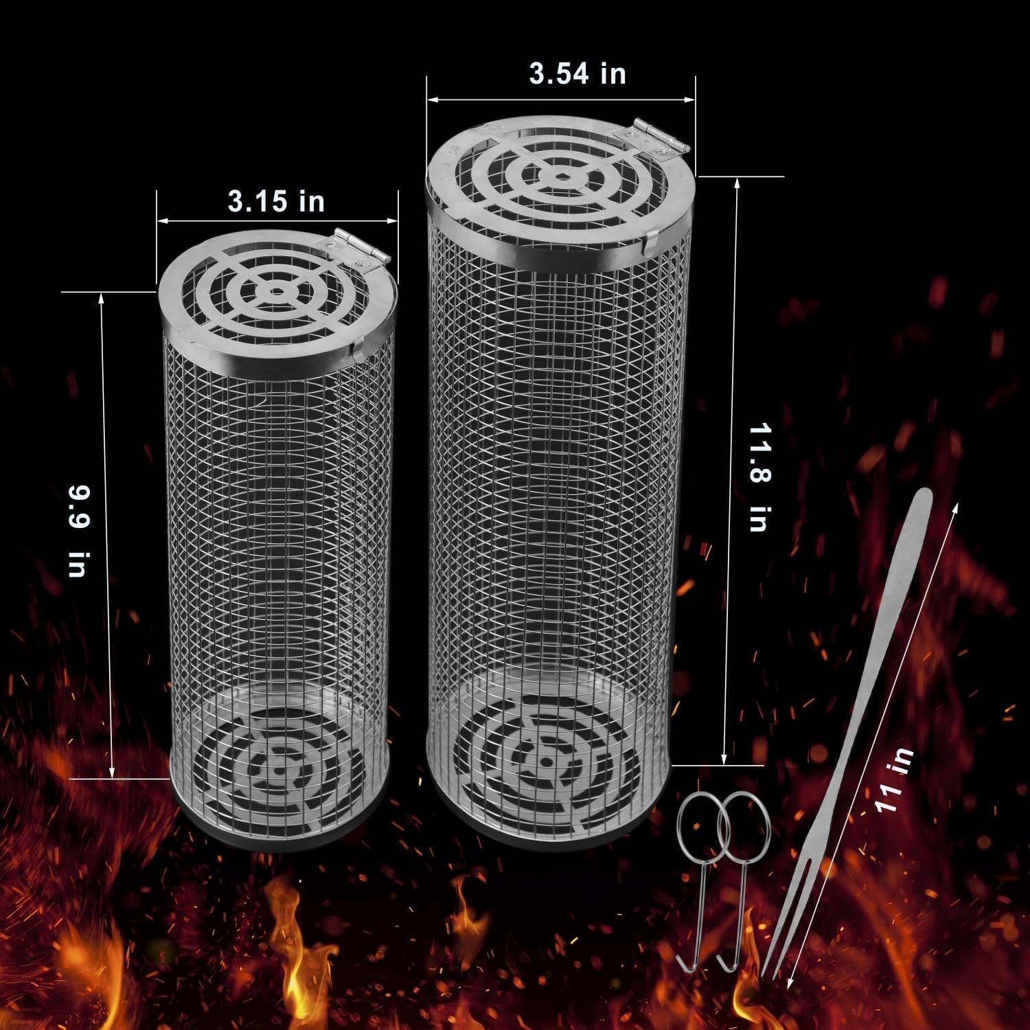 Feniola Rolling Grilling Basket - 2 PCS round Stainless Steel Grill Net for Outdoor Grill for Vegetables. Meat - BBQ Accessories Included - Image 3