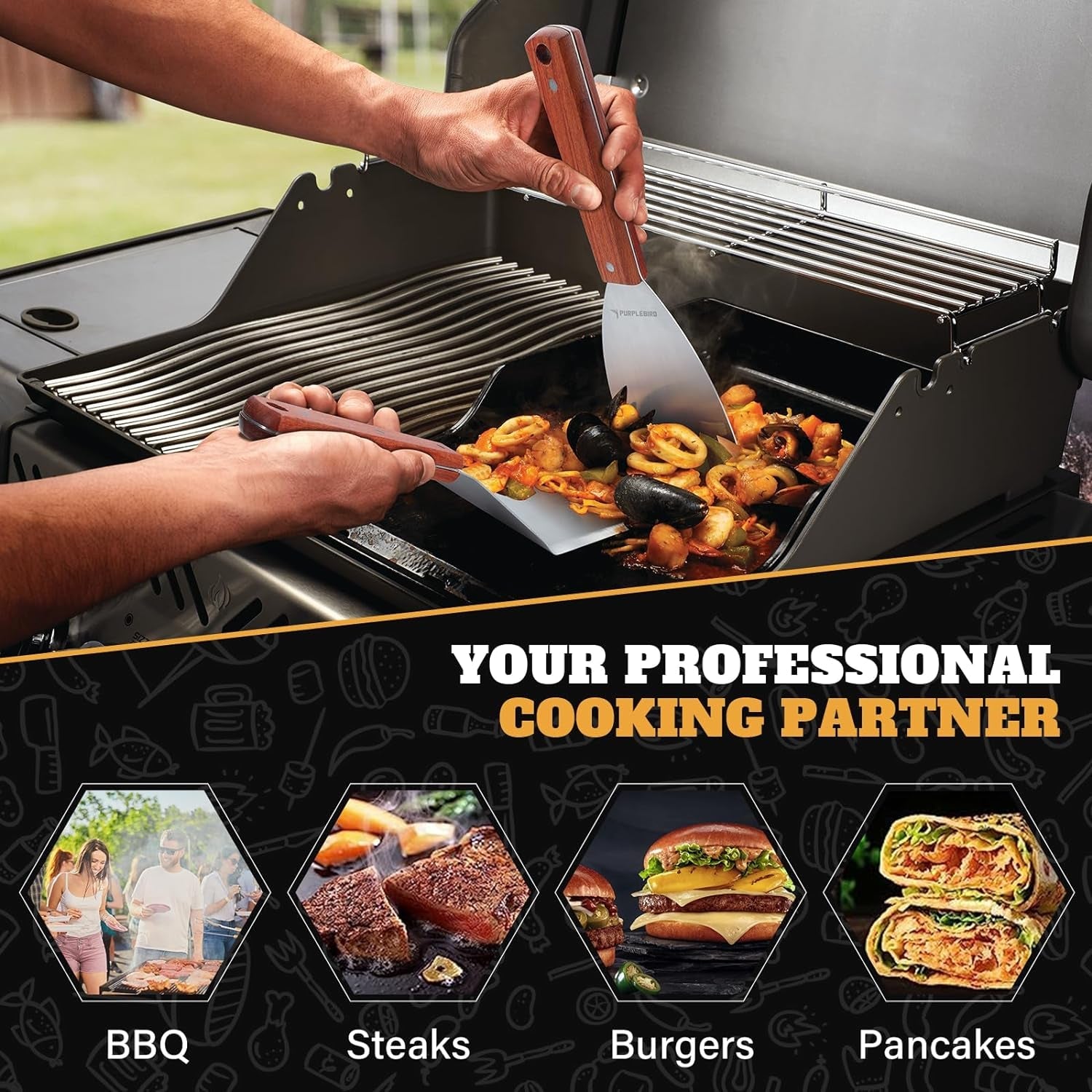 PURPLEBIRD Extra Large Grill Spatula Set Stainless Steel Smash Burger Spatula Kit. 5.5 X 5 Inch BBQ Griddle Spatula and Grill Scraper. Griddle Tools. Grill Utensils for Camping - Image 7