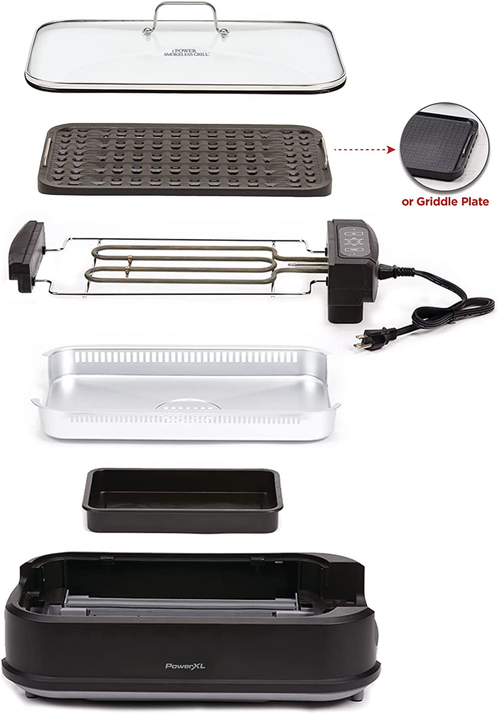 Power XL Smokeless Electric Indoor Removable Grill and Griddle Plates. Nonstick Cooking Surfaces. Glass Lid. 1500 Watt. 21X 15.4X 8.1. Black - Image 3