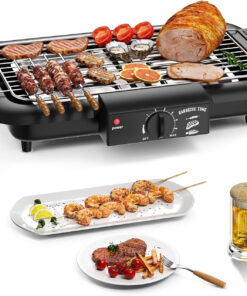 Electric BBQ Grill. Smokeless Non-Stick Indoor/Outdoor Barbecue Grill. 2000W Double Tube High Power Portable Removable Stand Grill for BBQ Party (Elegant Black)