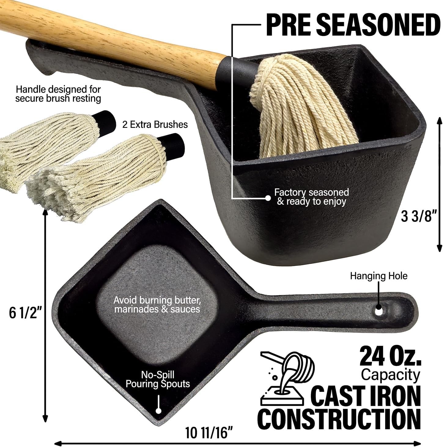 Cast Iron Basting Pot and BBQ Mop Brush - BBQ Basting Set with Saucepan and Brush for Meat Smoker. Grill and Stove - BBQ Meat Smoker Accessories Gift for Men. 24 Oz - Image 2