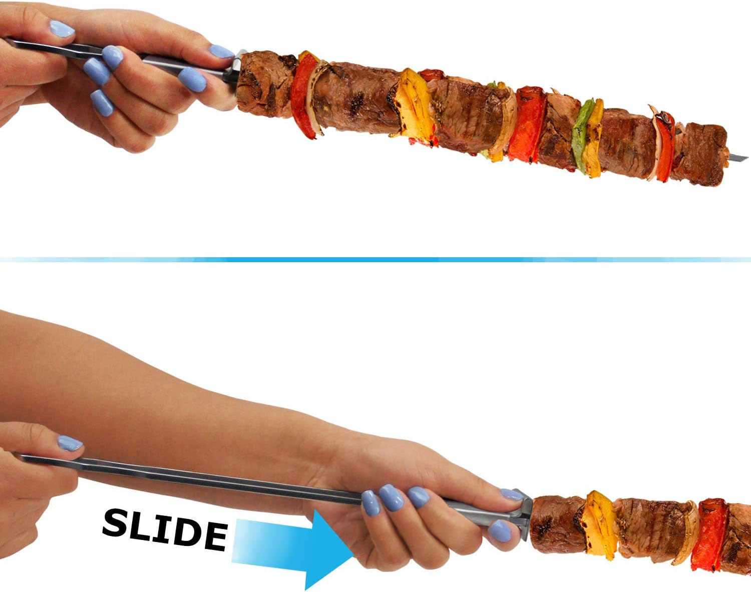 Blue Donuts 10 Pack Kabob Skewers for Grilling 17 Inch – Kabob Skewers with Push Bar. Stainless Steel Skewers with Comfortable Handle Grip. BBQ Grilling Accessories - Image 4