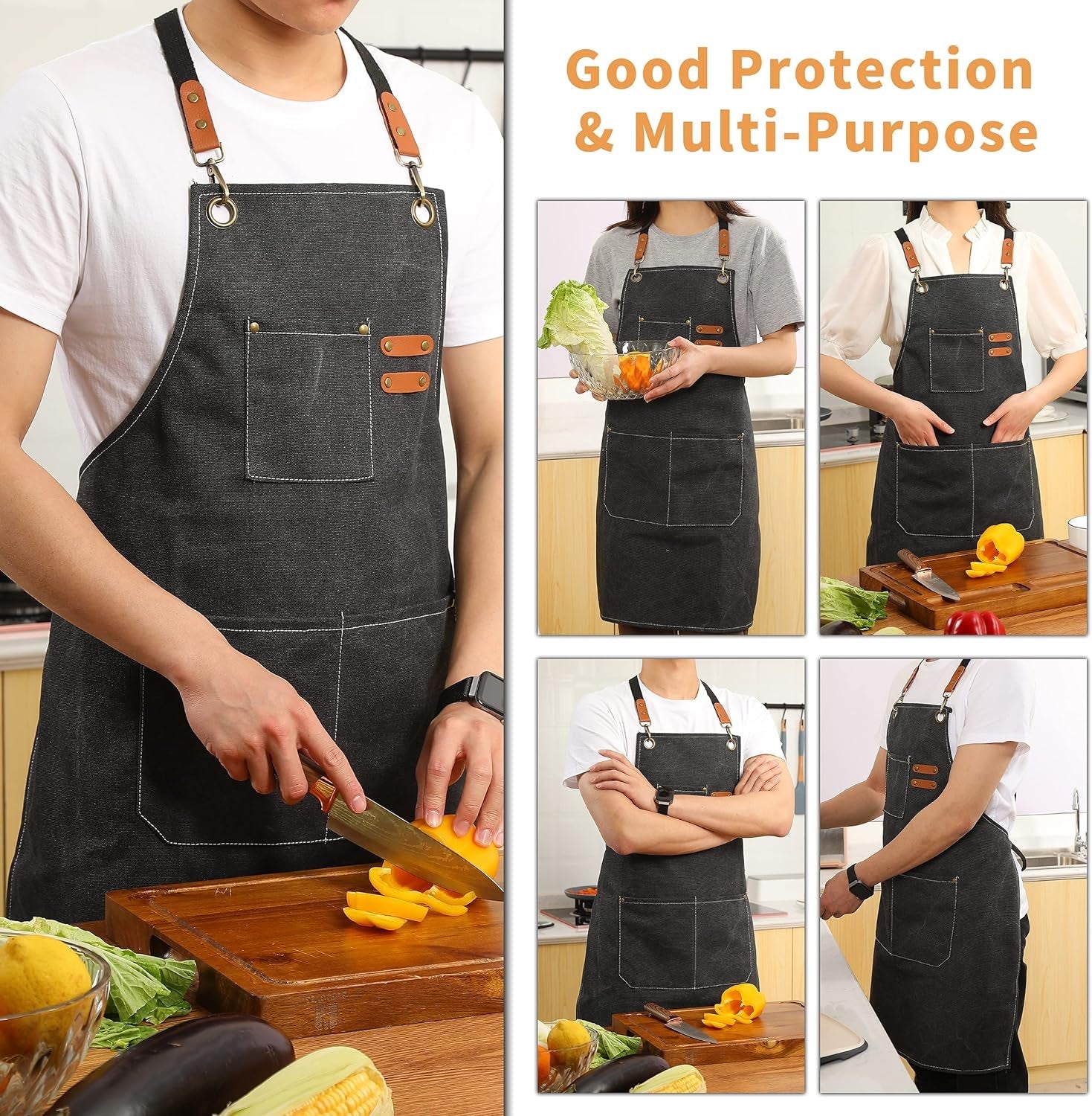 Canvas Cross Back Chef Cotton Aprons for Men Women with Large Pockets - Image 5