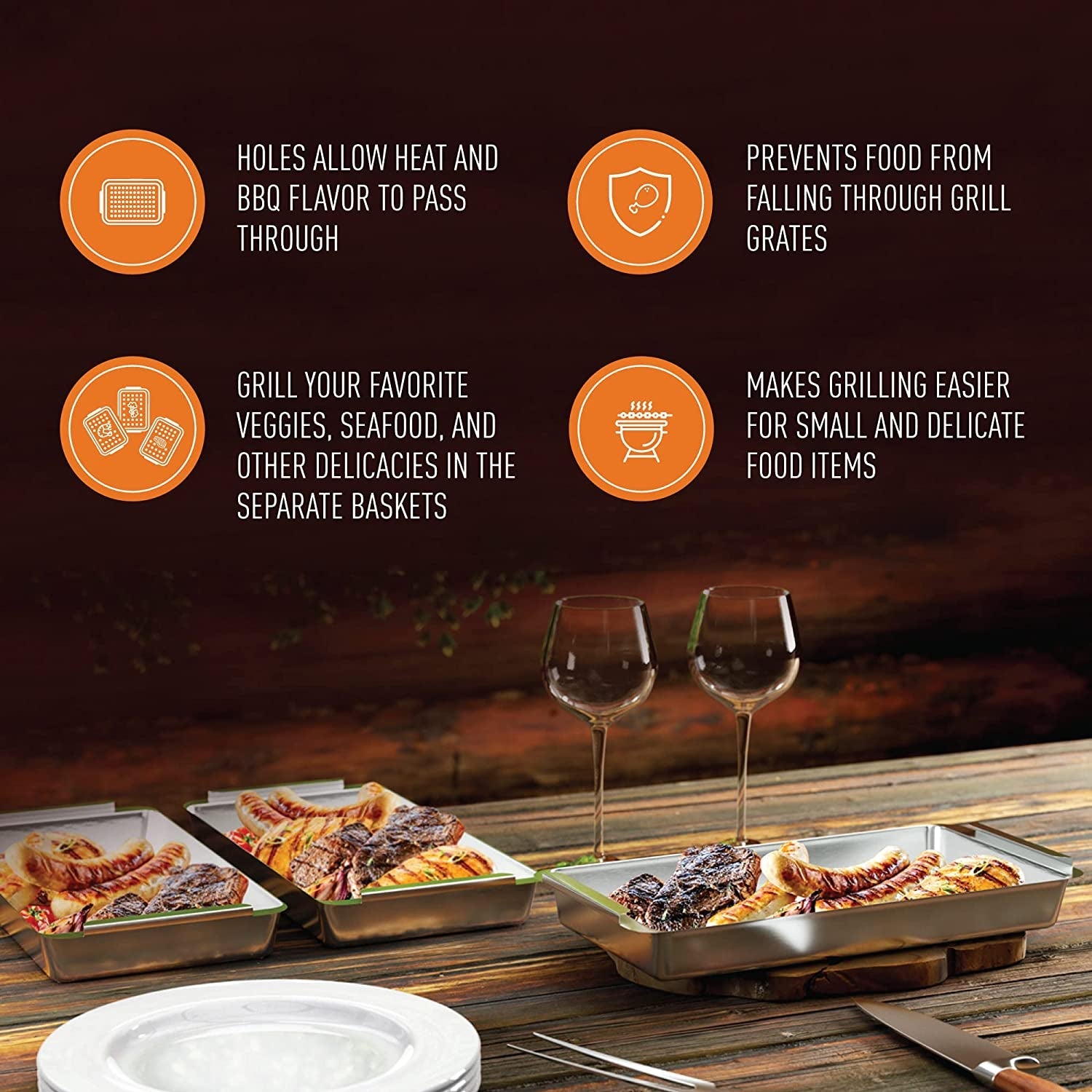 ™ BBQ 'N SERVE Grill Basket Set - Includes 3 Grilling Baskets a Serving Tray & Clip-On Handle - Patented Grill-To-Table Design Perfect for Grilling Fish Veggies & Meats - Image 2