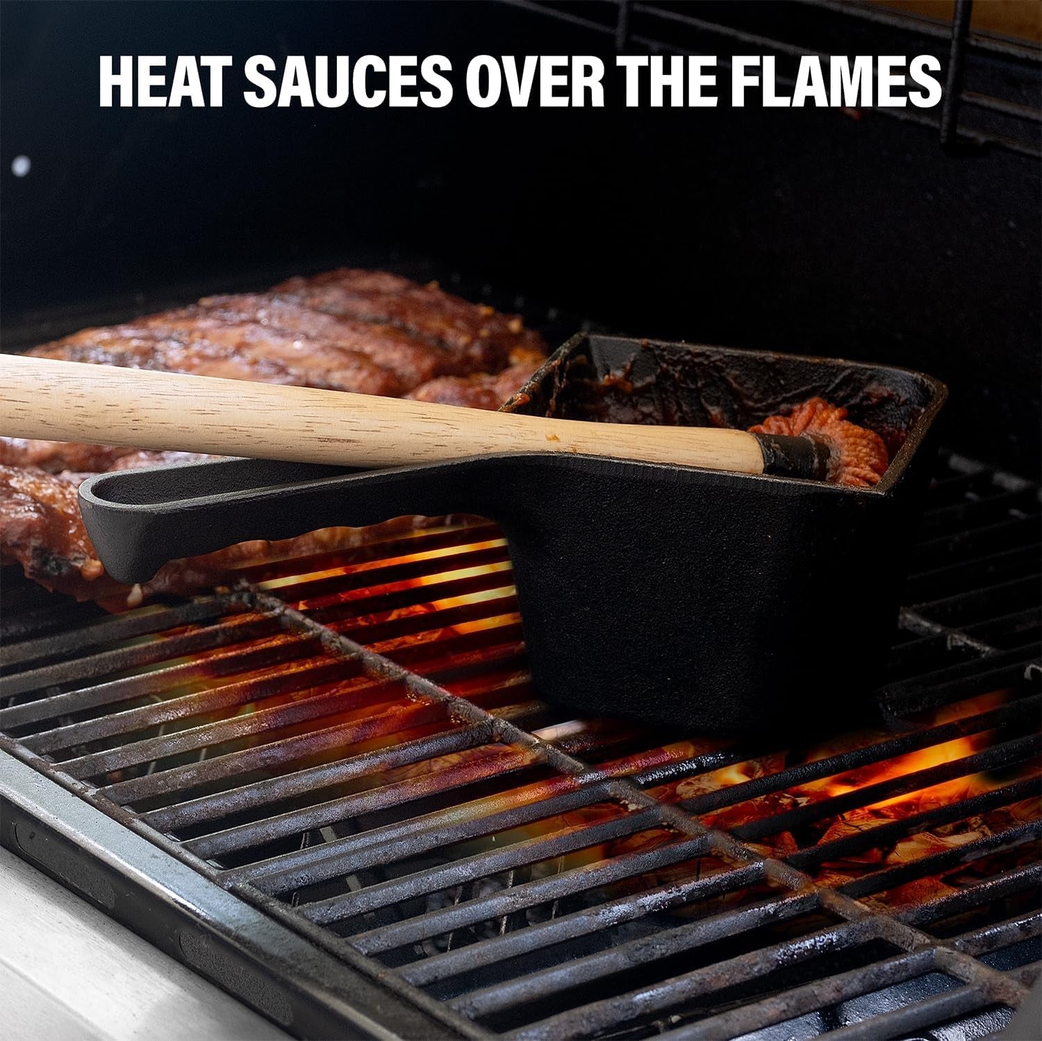 Cast Iron Basting Pot and BBQ Mop Brush - BBQ Basting Set with Saucepan and Brush for Meat Smoker. Grill and Stove - BBQ Meat Smoker Accessories Gift for Men. 24 Oz - Image 4