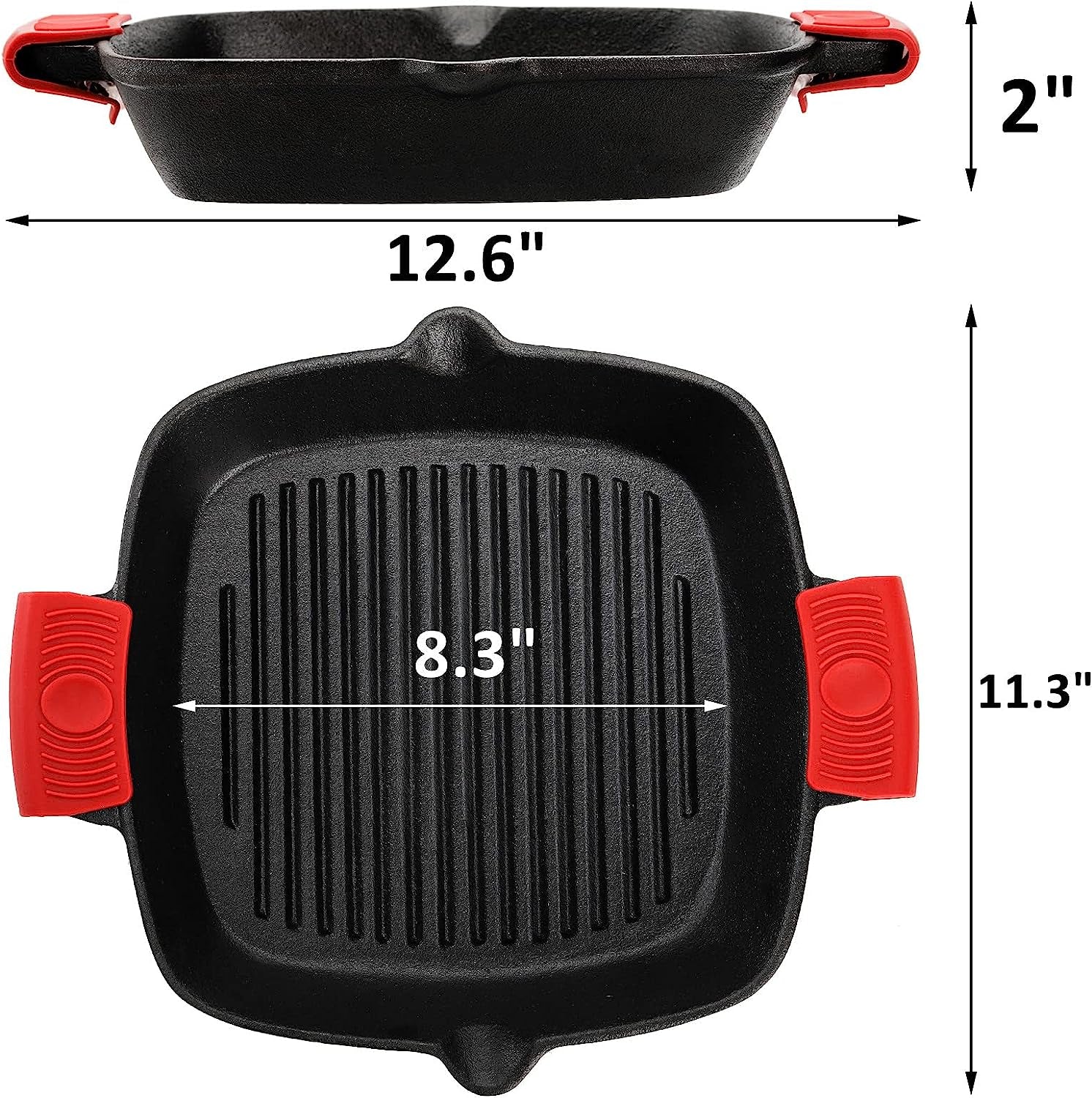 Cast Iron Grill Pan. 10 Square Skillet with Easy Grease Drain Spout and Two Heat Insulated Silicone Handle Cover. Pre Seasoned Grill Pan for Grilling Bacon. Steak. Meats. Camping - Image 2