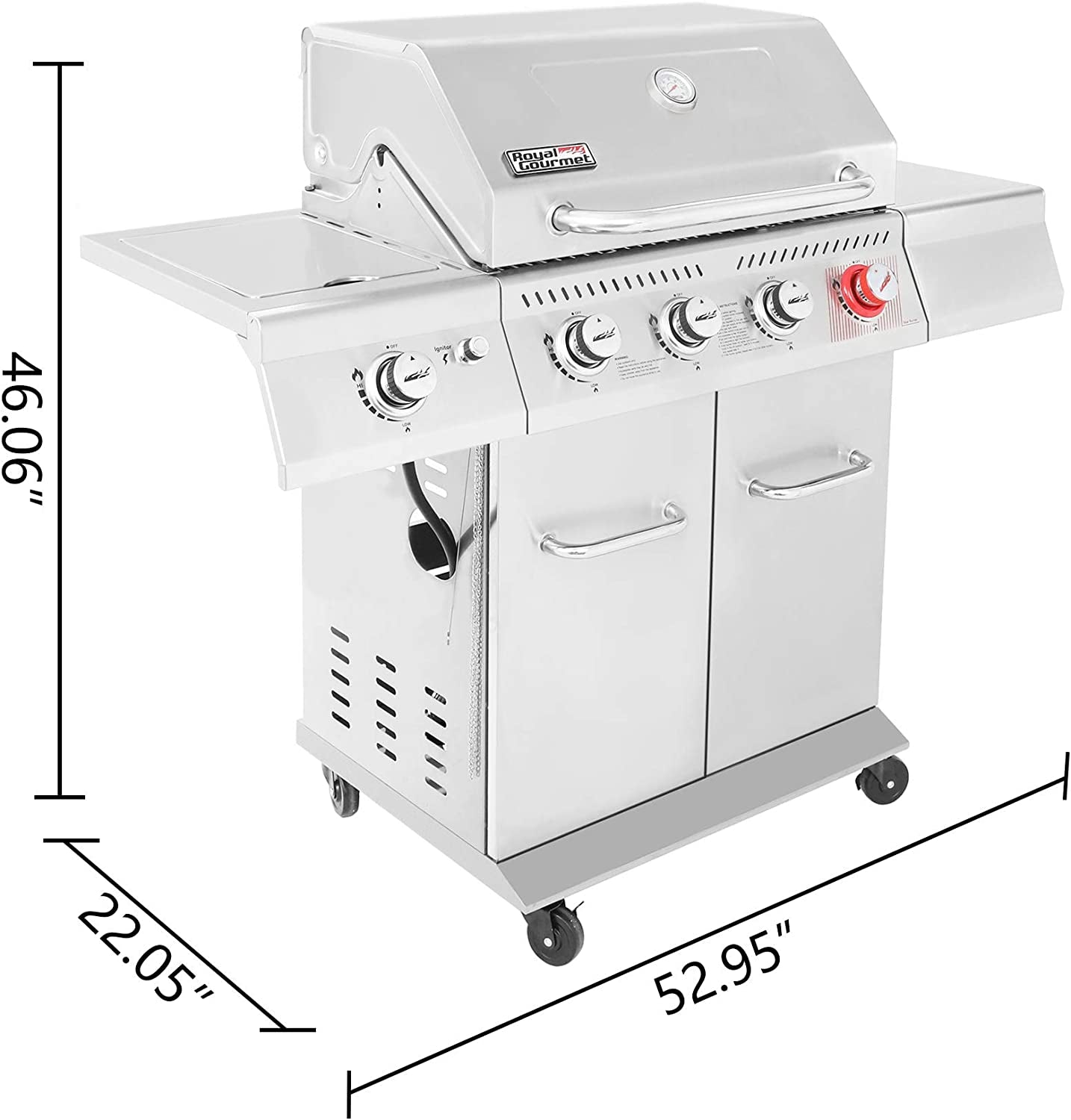 GA4402S Stainless Steel 4-Burner BBQ Propane Gas Grill. 54000 BTU Cabinet Style Gas Grill with Sear Burner and Side Burner Perfect Patio Garden Picnic Backyard Party Silver - Image 8