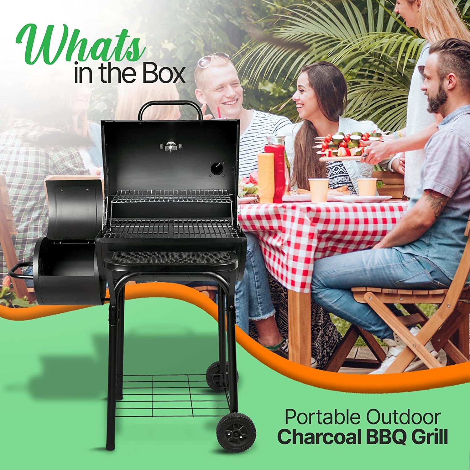 kitchen Charcoal Grill Offset Smoker with Cover. Portable Stainless Steel Grill. Outdoor Camping BBQ and Barrel Smoker (Black) - Image 2