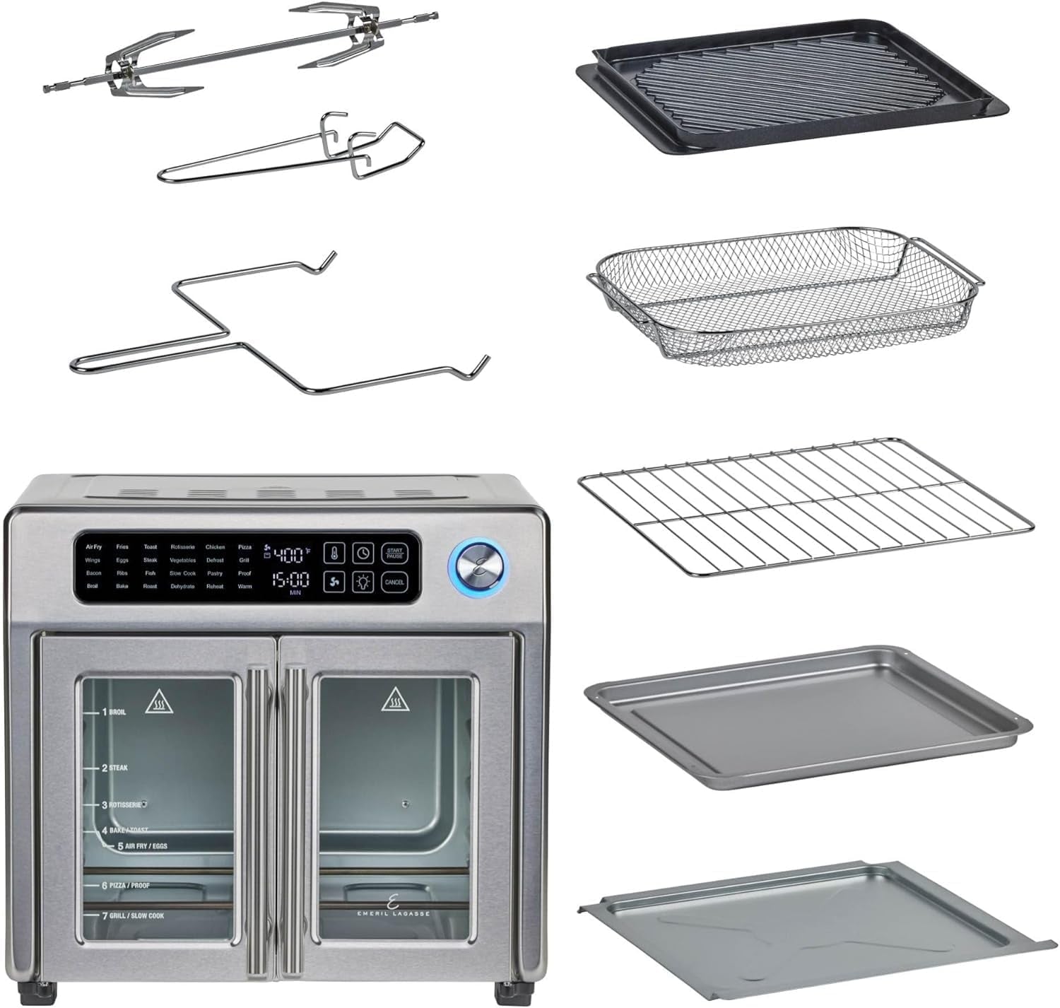 Emeril Lagasse Extra Large French Door Air Fryer Toaster Oven Combo. 24 Cooking Functions and Digital Controls. 7 Accessories Included. Stainless Steel Finish. 26QT Capacity - Image 5