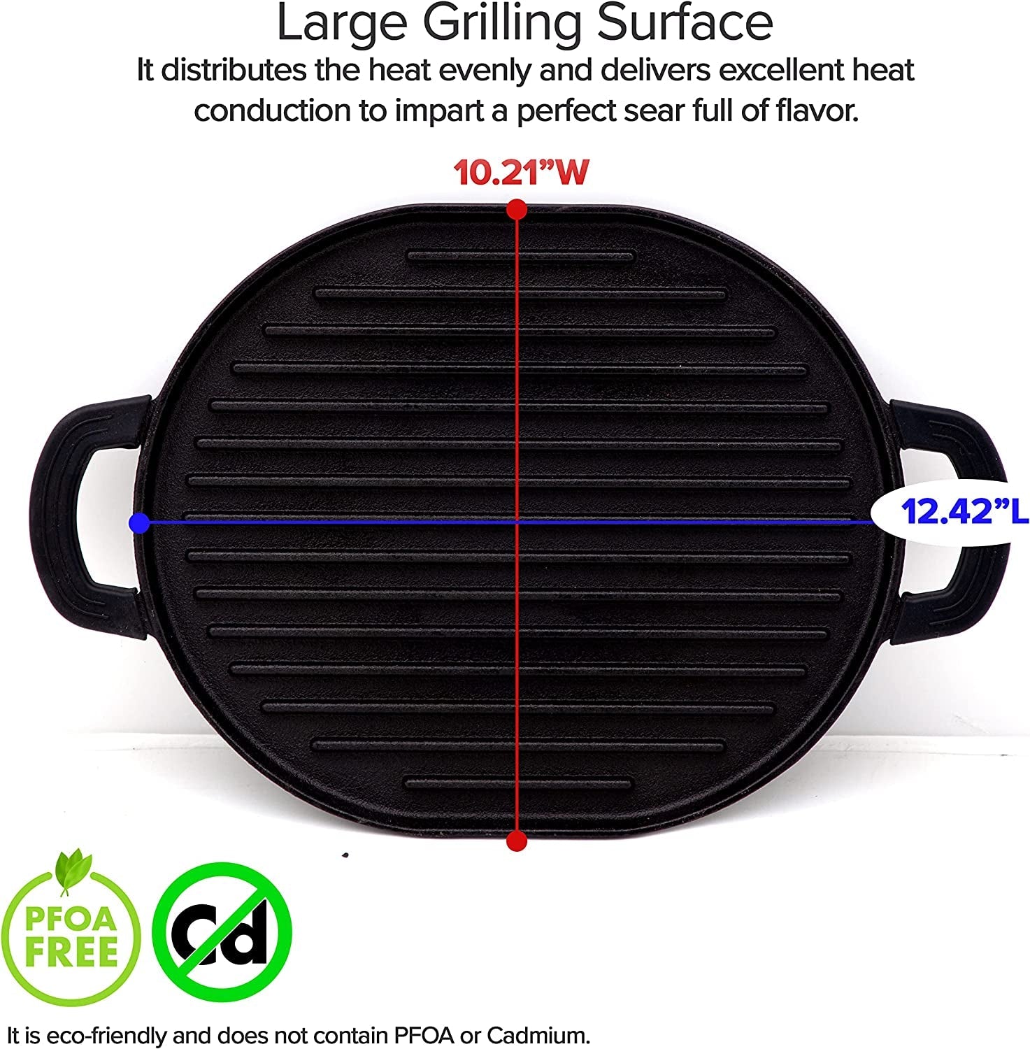 Cast Iron Grill. 12.42X10.21 Non-Stick Grilling Surface. Deep Grill Ridges. Pre-Seasoned. Stay-Cool Silicone Handles. Easy-To-Clean. Oven Safe. Stovetop. BBQ. Fire & Smoker. Induction-Ready - Image 5