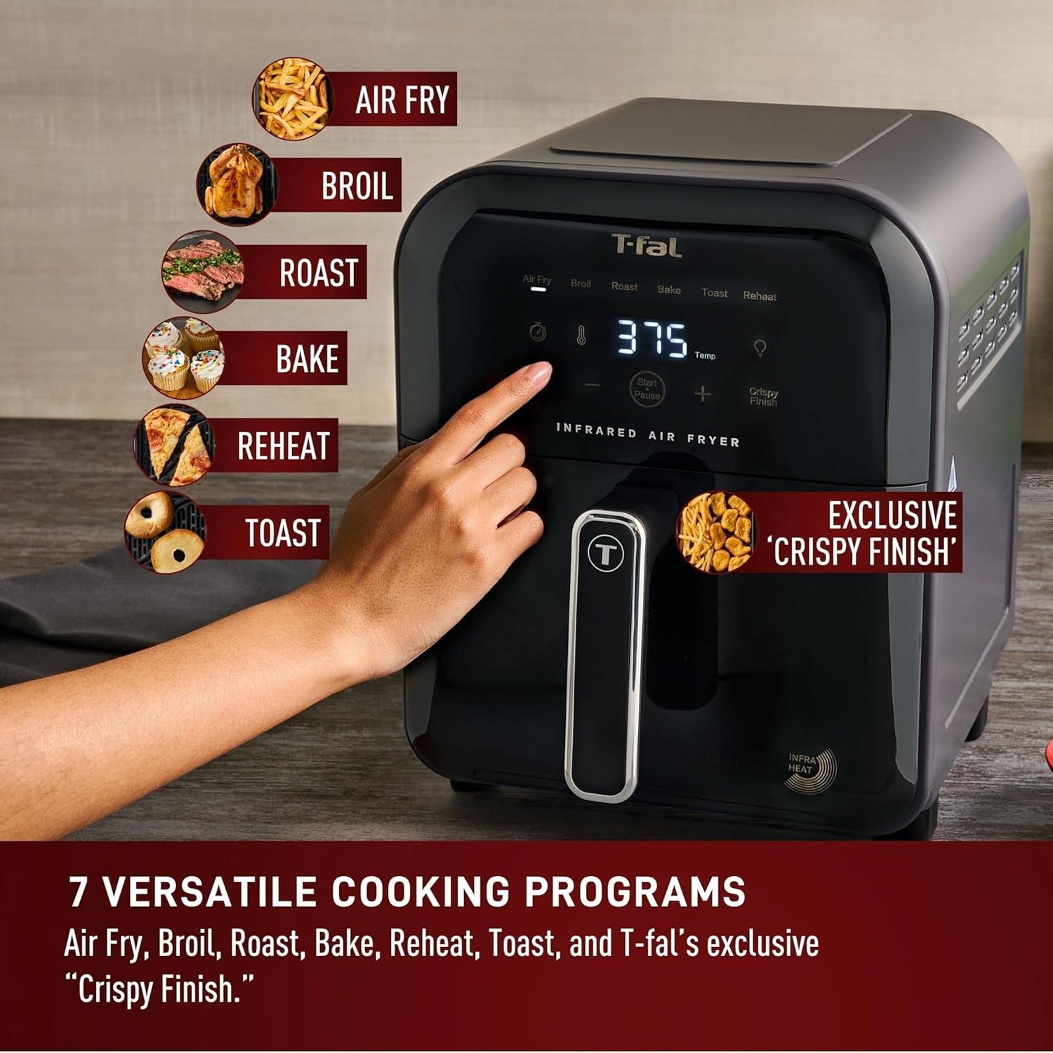 T-Fal Infrared Air Fryer: 6 Qt Digital Touch Screen. 7-In-1 Cooking Functions. 45-Seconds to Reach 750°F on Carbon Fiber Heater Surface. No-Shake Technology. Crispy Finish. 1550W. Black - Image 8