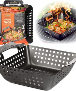 Barbecue Grilling Wok - Heavy Duty Non-Stick BBQ Grill Basket W Stainless Steel Handles - 3 Deep Pan Keeps Meat & Vegetables inside - Indoor Outdoor Use - Great for Summer Bbqs and Father'S Day Gift