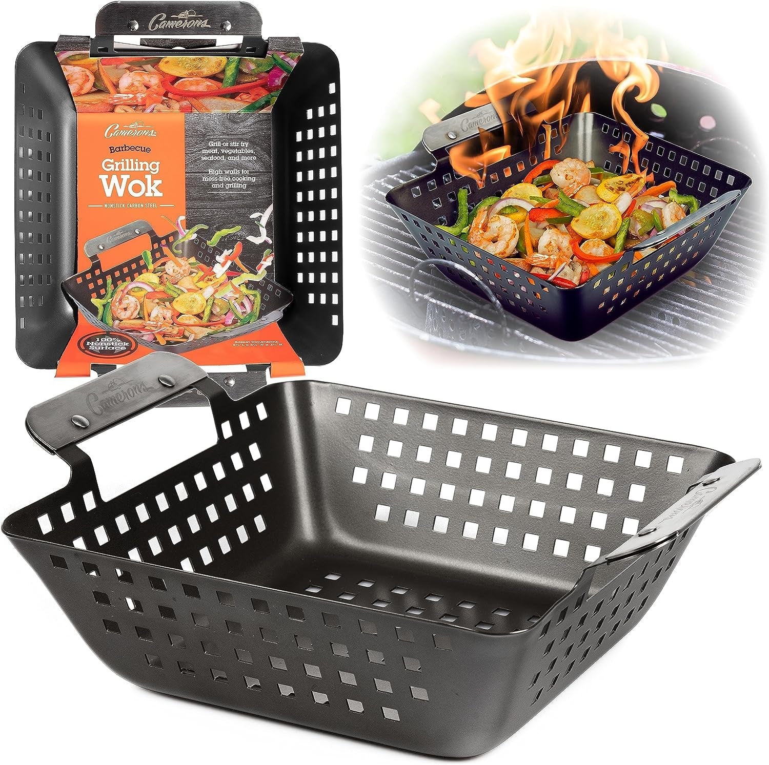 Barbecue Grilling Wok - Heavy Duty Non-Stick BBQ Grill Basket W Stainless Steel Handles - 3 Deep Pan Keeps Meat & Vegetables inside - Indoor Outdoor Use - Great for Summer Bbqs and Father'S Day Gift