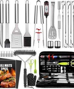 34Pcs Grill Accessories Grilling Gifts for Men. 16 Inches Heavy Duty BBQ Accessories. Stainless Steel Grill Tools with Thermometer. Grill Mats for Backyard. BBQ Gifts Set for Men Women