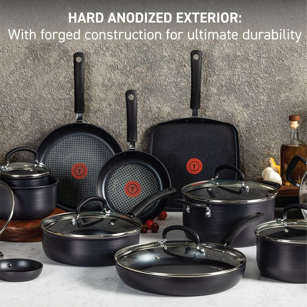 T-Fal Ultimate Hard Anodized Nonstick Cookware Set 17 Piece. Oven Broiler Safe 400F. Lid Safe 350F. Kitchen Cooking Set W/Fry Pans. Saucepans. Saute Pan. Griddle. Pots and Pans. Dishwasher Safe Black - Image 3