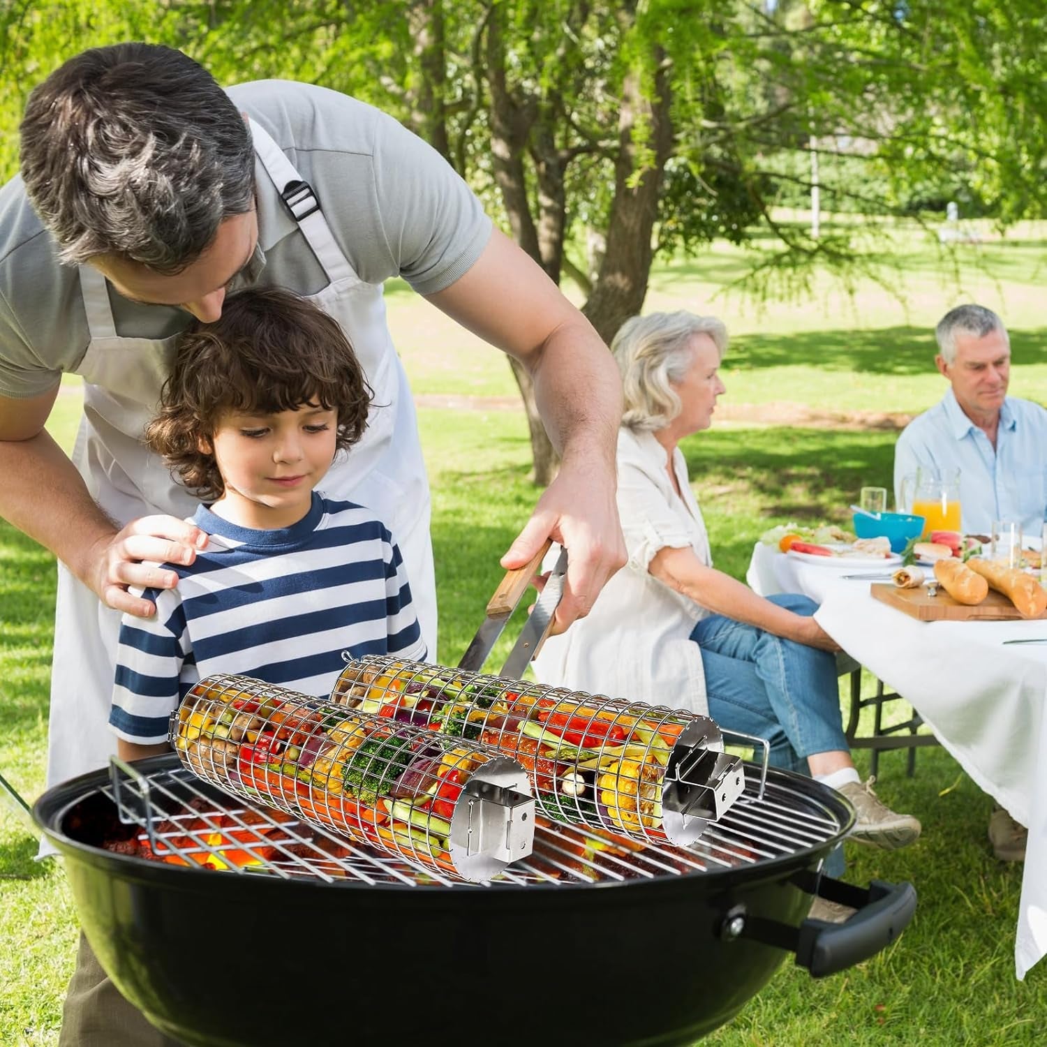 CEBERVICE Rolling Grilling Baskets. SUS304 Stainless Steel. REMOVABLE WOODEN HANDLE. Portable BBQ Outdoor Camping round Cylinder Grilling Rack for Fish. Vegetables. Shrimp. Barbeque Griller Cooking Accessories Gifts for Men. Dad. Father. Husband - Image 8