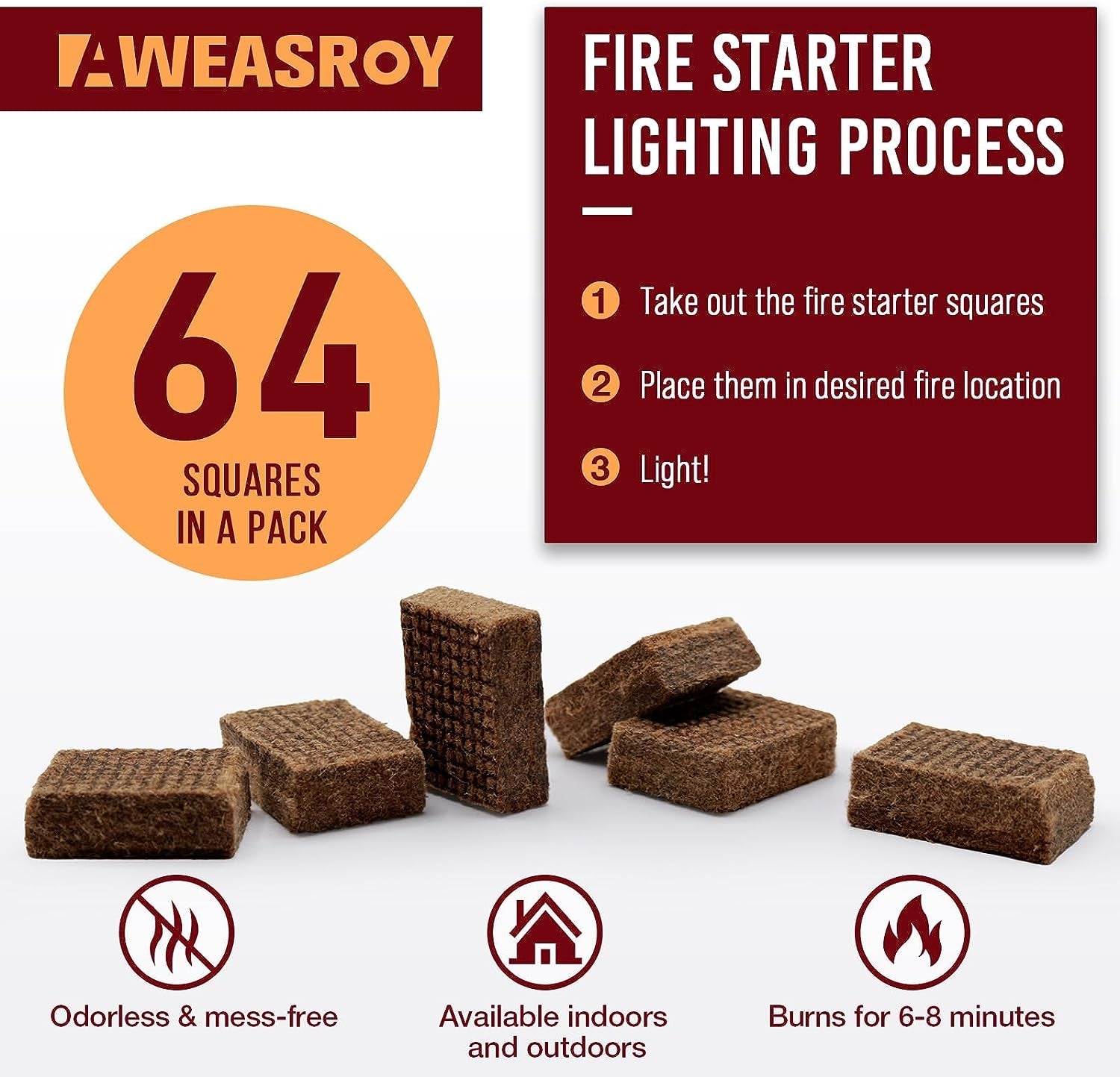 Fire Starter Squares 64 - Fire Starters for Fireplace.Chimney.Bbq Grill.Camping Fire.Wood Stove - Water Resistant and Safe Odourless - Camping Accessories - Image 2