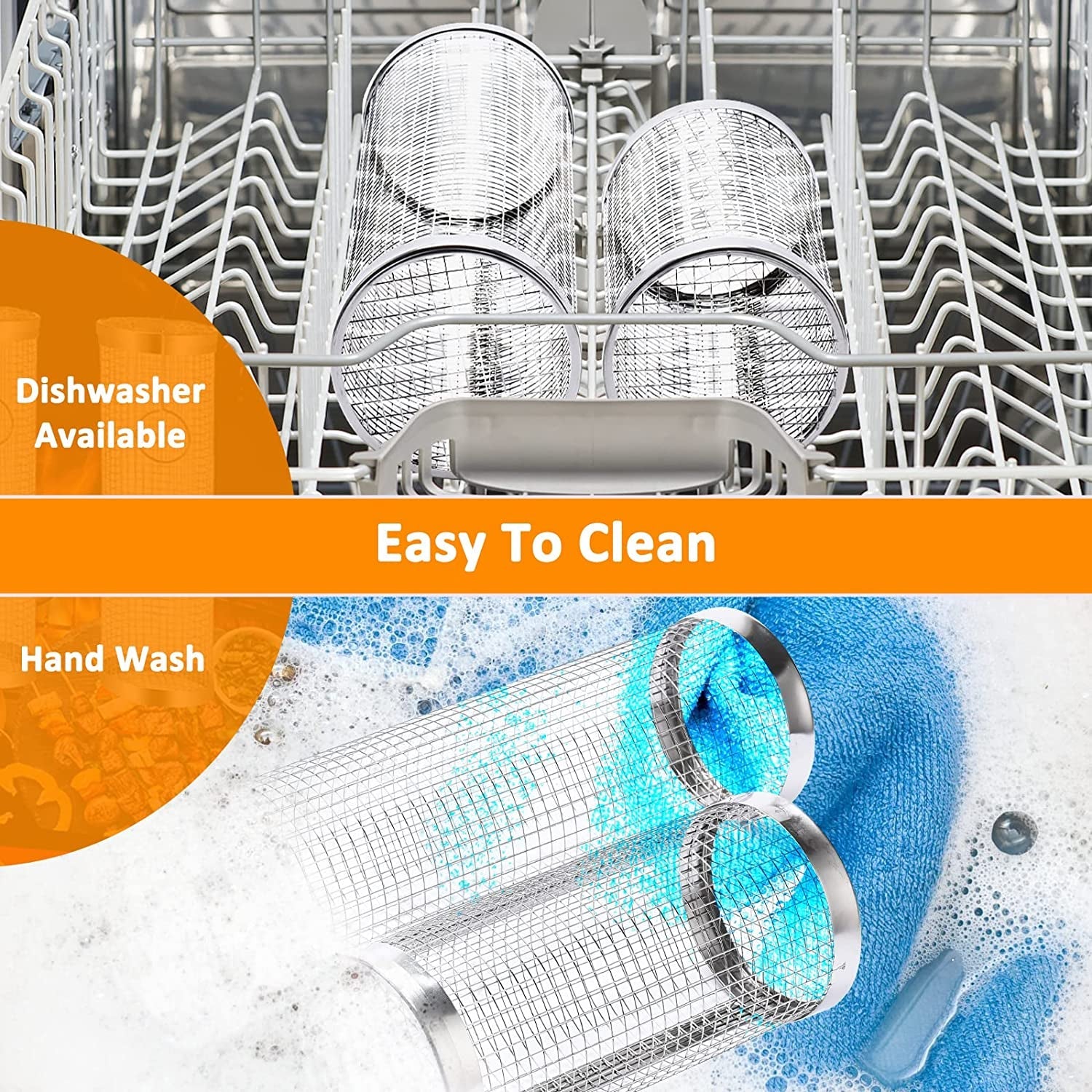 Grill Basket 2 PCS. BBQ Grill Basket. Rolling Grilling Basket. Stainless Steel Grill Mesh Barbeque Grill Accessories. Portable Grill Baskets for Outdoor Grill for Fish. Shrimp. Meat. Vegetables. Fries - Image 5