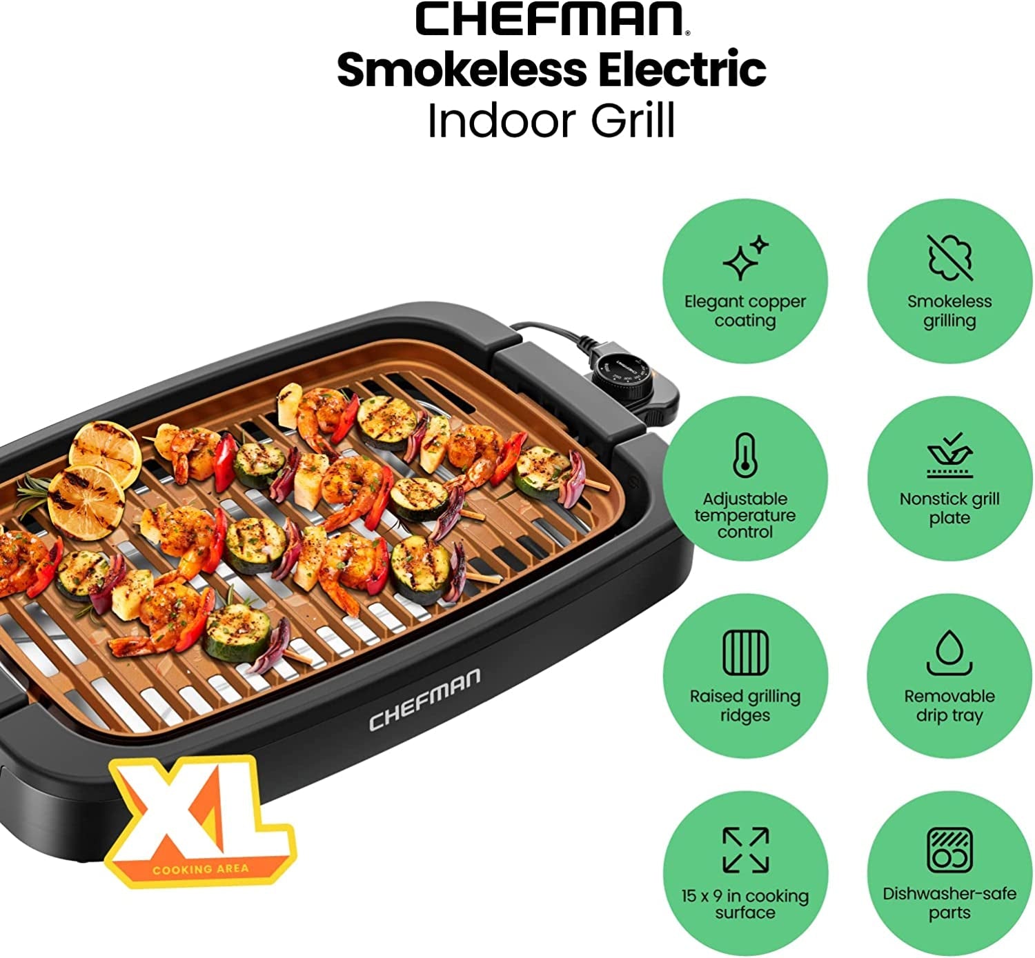 Chefman Smokeless Indoor Electric Grill. Copper. Extra Large. Nonstick Table Top Grill for Indoor Grilling and BBQ with Adjustable Temperature Control. Nonstick Dishwasher-Safe Parts. 9 X 15 - Image 2