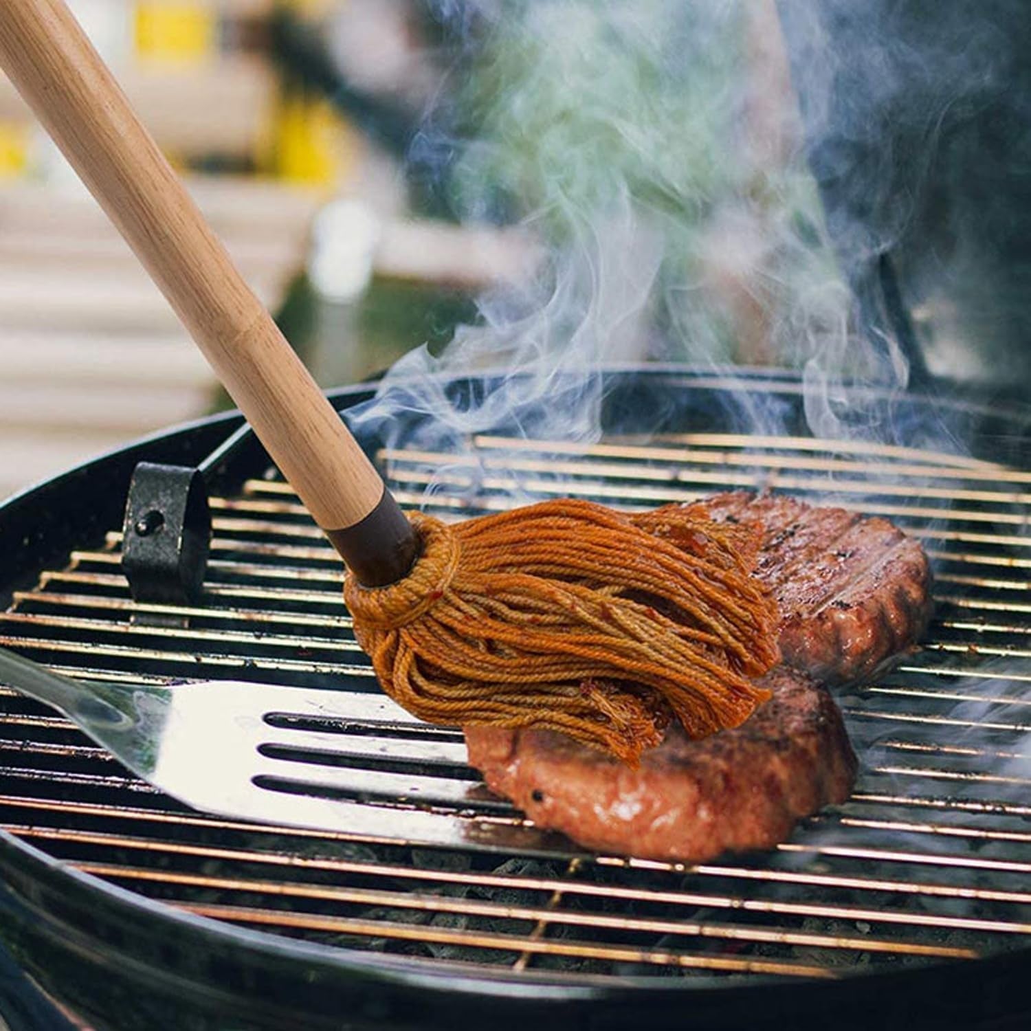 2 Pack Grilling Basting Mop. BBQ Sauce Basting Mops & Brushes with Wooden Long Handle and 6 Extra Replacements for Grilling Smoking BBQ Steak. 19.2+18 Inch - Image 5