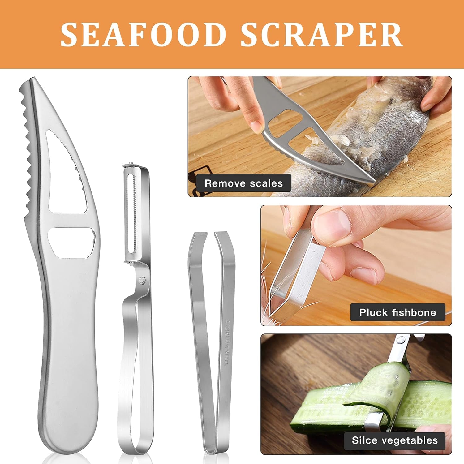 7‑Piece Fish Scaler & Cleaning Set – Stainless Steel Removers. Peeler. Fish Tweezers & Gray Mitten - Image 4