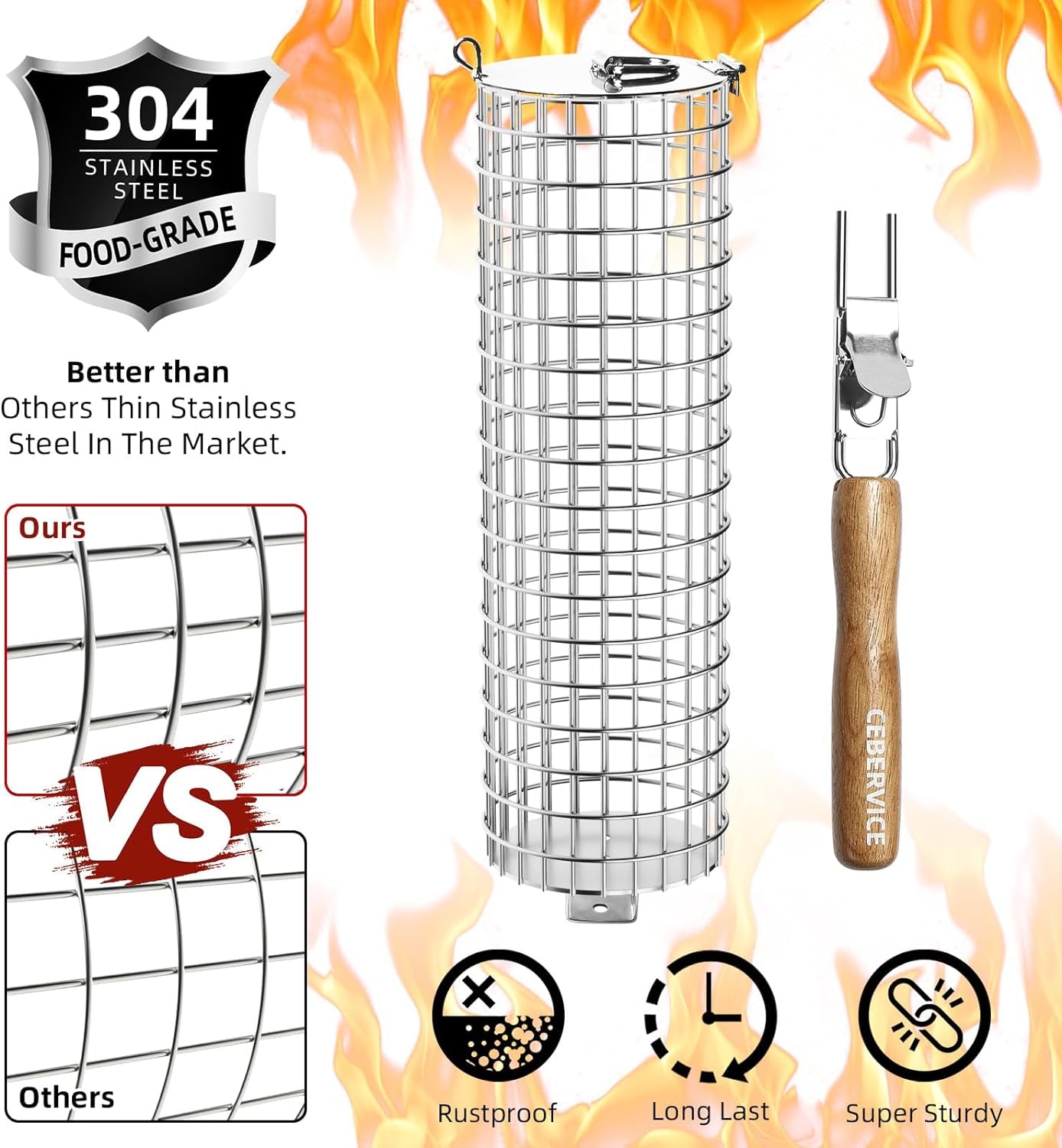 CEBERVICE Rolling Grilling Baskets. SUS304 Stainless Steel. REMOVABLE WOODEN HANDLE. Portable BBQ Outdoor Camping round Cylinder Grilling Rack for Fish. Vegetables. Shrimp. Barbeque Griller Cooking Accessories Gifts for Men. Dad. Father. Husband - Image 3