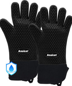 Anaeat BBQ Grilling Gloves Heat Resistant. Versatile Waterproof Cooking Gloves - 100% Cotton Lining Silicone Oven Mitts. Flexible Potholder for Barbecue. Baking - Thick Long Wrist Protection (Black)