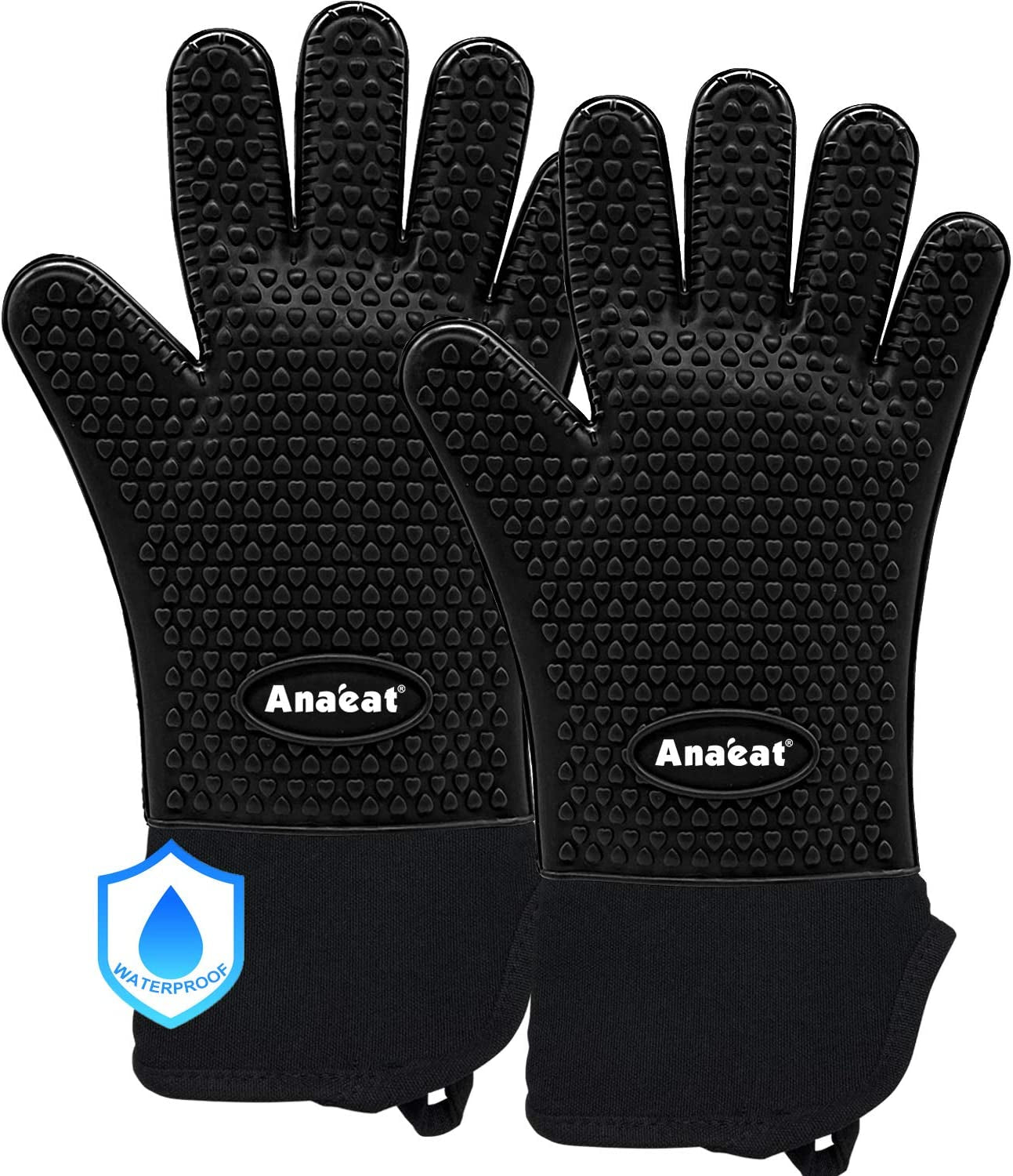 Anaeat BBQ Grilling Gloves Heat Resistant. Versatile Waterproof Cooking Gloves - 100% Cotton Lining Silicone Oven Mitts. Flexible Potholder for Barbecue. Baking - Thick Long Wrist Protection (Black)