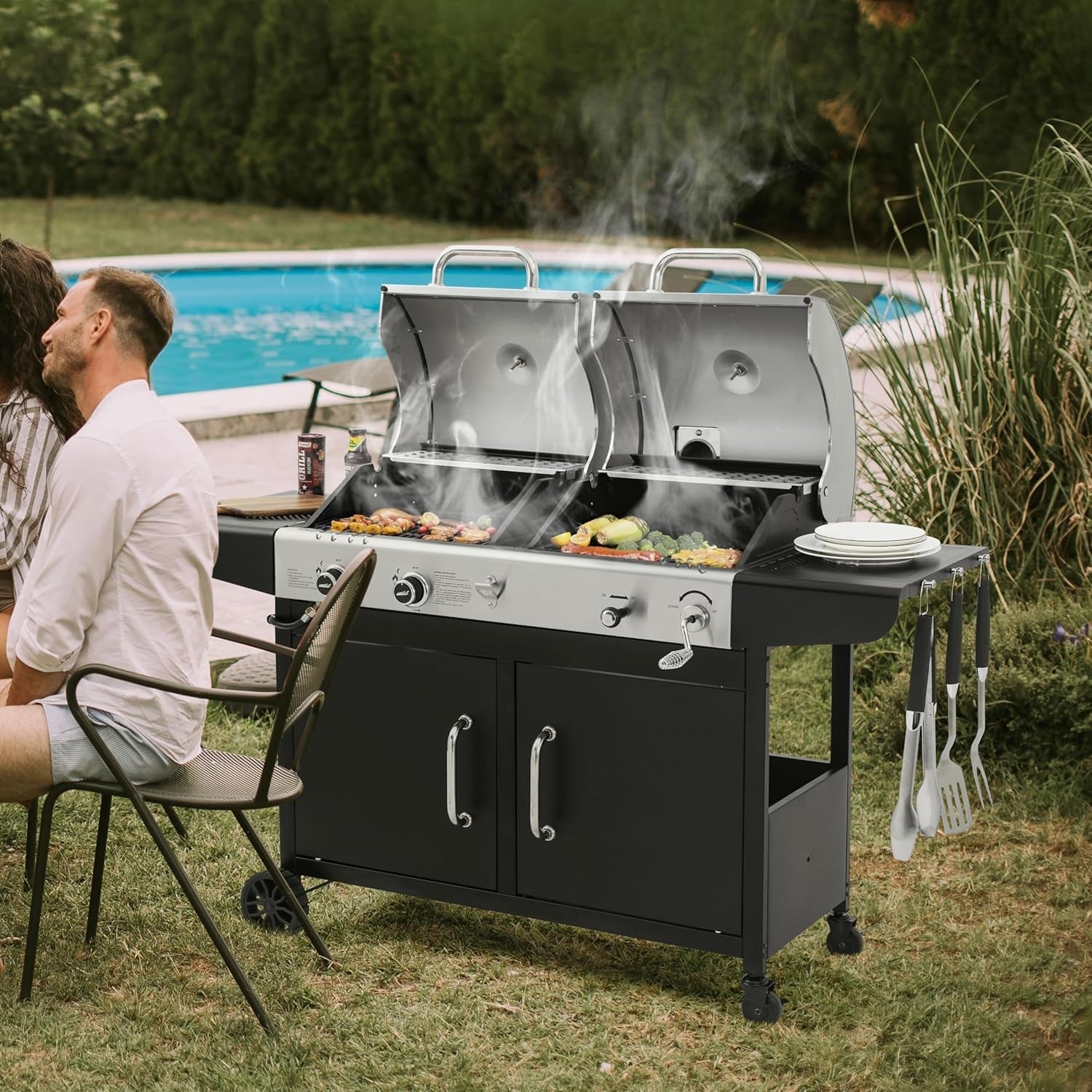 Royal Gourmet ZH3002N Propane Gas and Charcoal Grill Combo. Dual Fuel BBQ Grill with 2 Side Shelves for Outdoor Patio Garden Backyard Barbecue. 20.000 Btus. Silver & Black - Image 10
