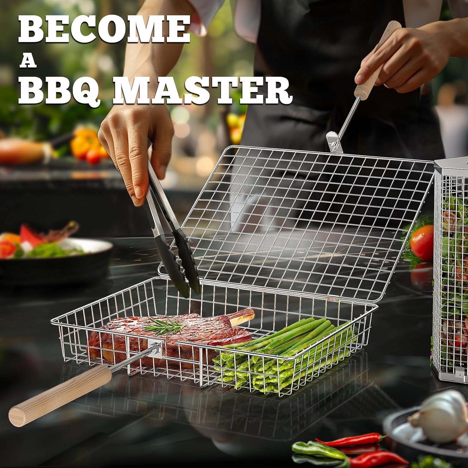 Grill Basket Set(Rectangular+Hexagon). Removable Wooden Handle. 304 Stainless Steel. Rolling Grilling Net. BBQ Accessories Tools for Vegetables Shrimp. Outdoor Cooking Camping. Birthday Gifts for Men Dad Husband - Image 4