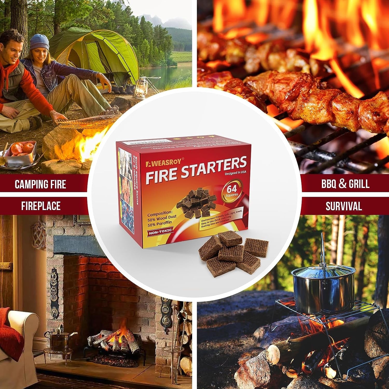Fire Starter Squares 64 - Fire Starters for Fireplace.Chimney.Bbq Grill.Camping Fire.Wood Stove - Water Resistant and Safe Odourless - Camping Accessories - Image 6