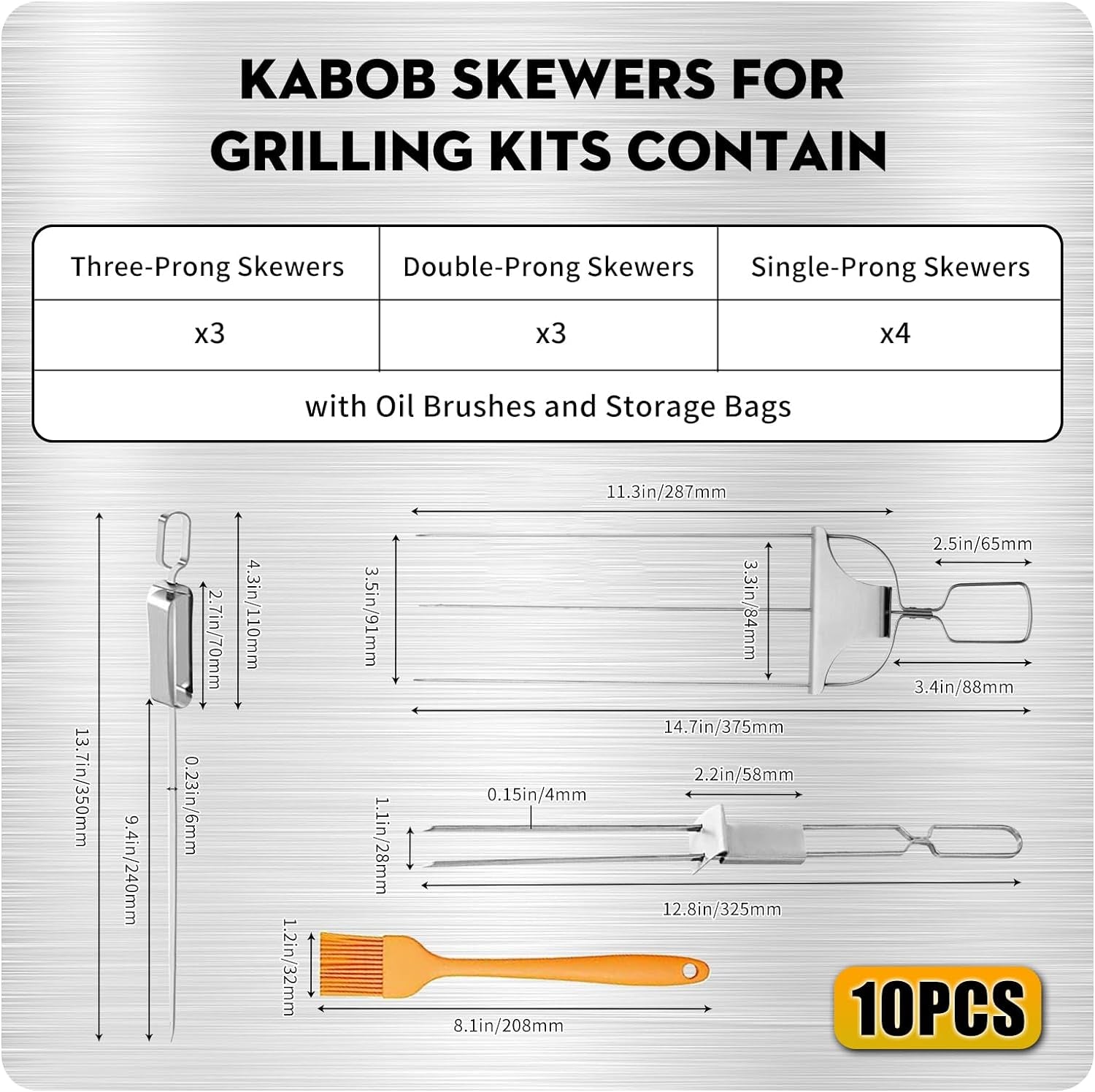 10PCS Kabob Skewers for Grilling.3.Double and Single Pronged Grilling Accessories.304 Stainless Steel Metal Skewers for Kabobs with Push Bar for Quick Release.With Storage Bag and Oil Brush - Image 2