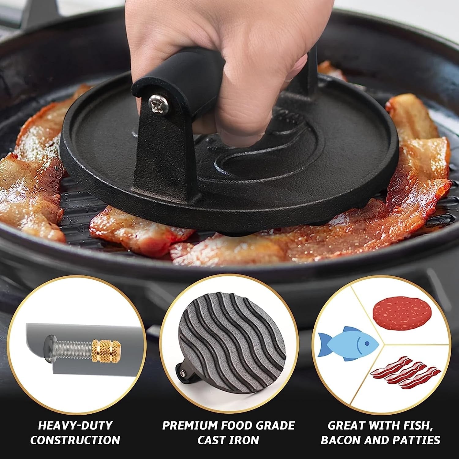 Smash Burger Press - Heavy Duty Hamburger Press W/Heat Resistant Handle - Cast Iron Grill Press. Bacon Press. Sandwich Press - round Burger Smasher for Griddle - Meat Press - BBQ Grilling Accessories - Image 7