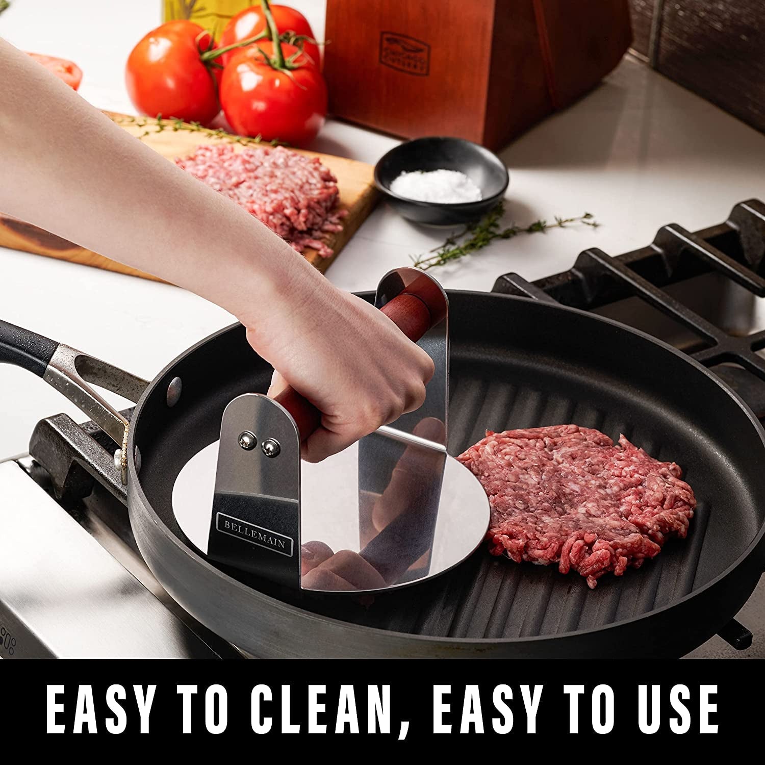 Bellemain Burger Smasher for Griddle | Stainless Steel 6 round Smash Burger Press | Hamburger Press for Grill. Cooking. Meat Press with Wooden Handle. Grill Accessories Kit - Image 2