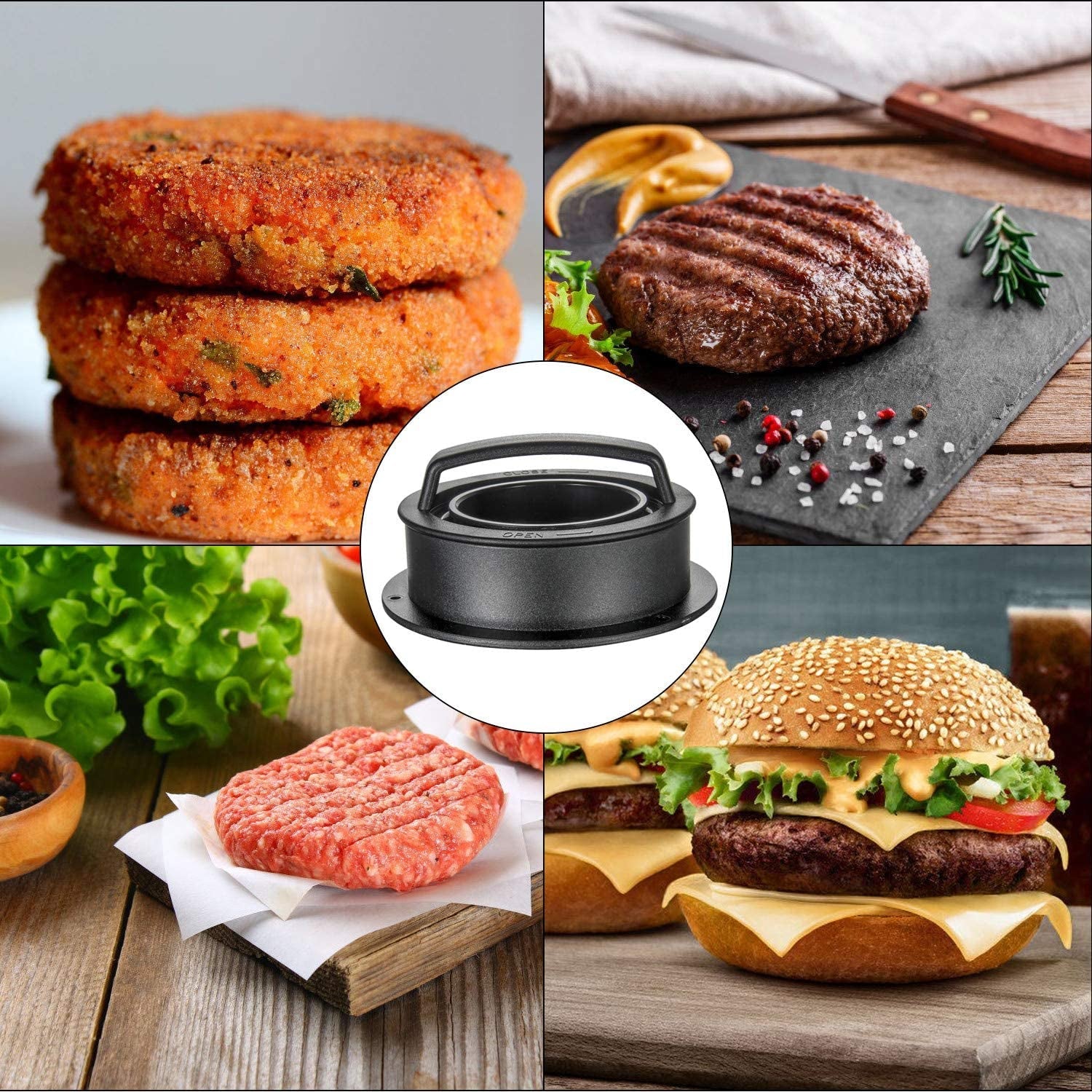 TAOUNOA Hamburger Press Patty Maker. 3 in 1 Non-Stick Burger Press with 100 Pcs Wax Paper for Making Delicious Burgers. Perfect Shaped Patties for Grilling and Cooking - Image 6