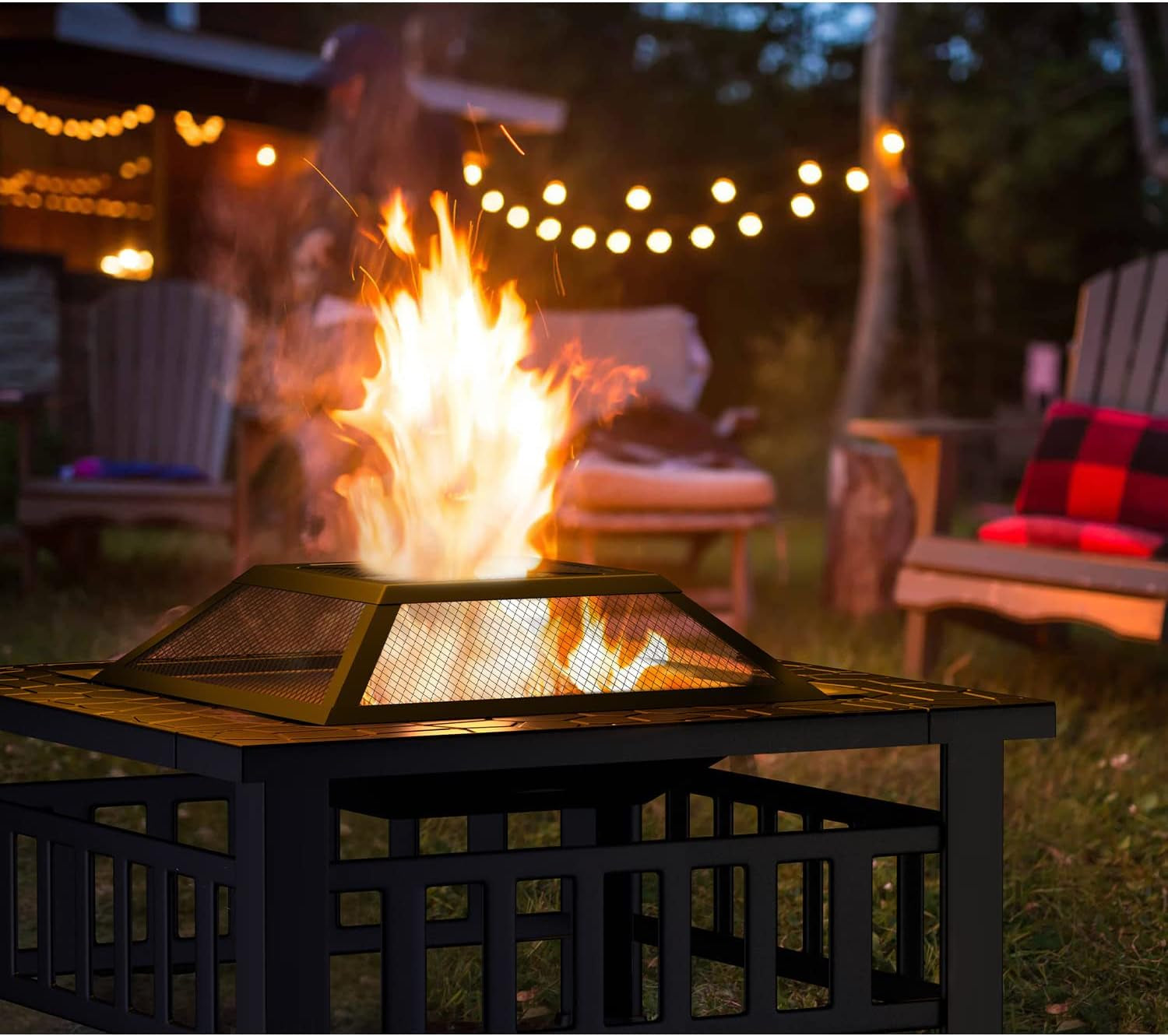 Tuoze 32-Inch Fire Pits Outdoor Patio Metal Multifunctional Firepit Table with Waterproof Cover for Camping Bonfire Party Picnic BBQ Backyard Garden outside Heating.Black - Image 4