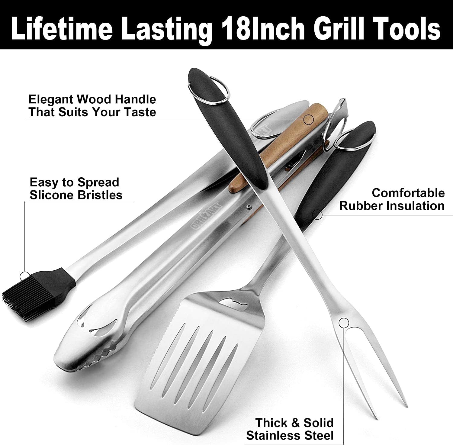 GRILLART BBQ Tools Grill Tools Set - 18Inch Grilling Tools BBQ Set - Grill Accessories W/Bbq Tongs. Spatula. Fork. Brush - Stainless Grill Kit Grilling Set - Gift Ideas BBQ Accessories. Gifts for Men - Image 2