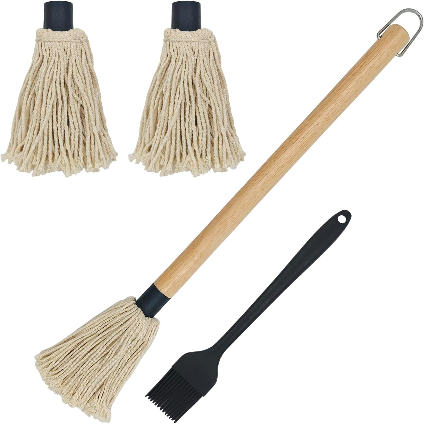 18 Inch BBQ Basting Mop Brush with 2 Extra Replacement Cotton Heads and Silicone Grill Brush. Wooden Long Handle Grill Basting Brush Mop for Roasting or Outdoor Grill BBQ Grilling Smoking Steak